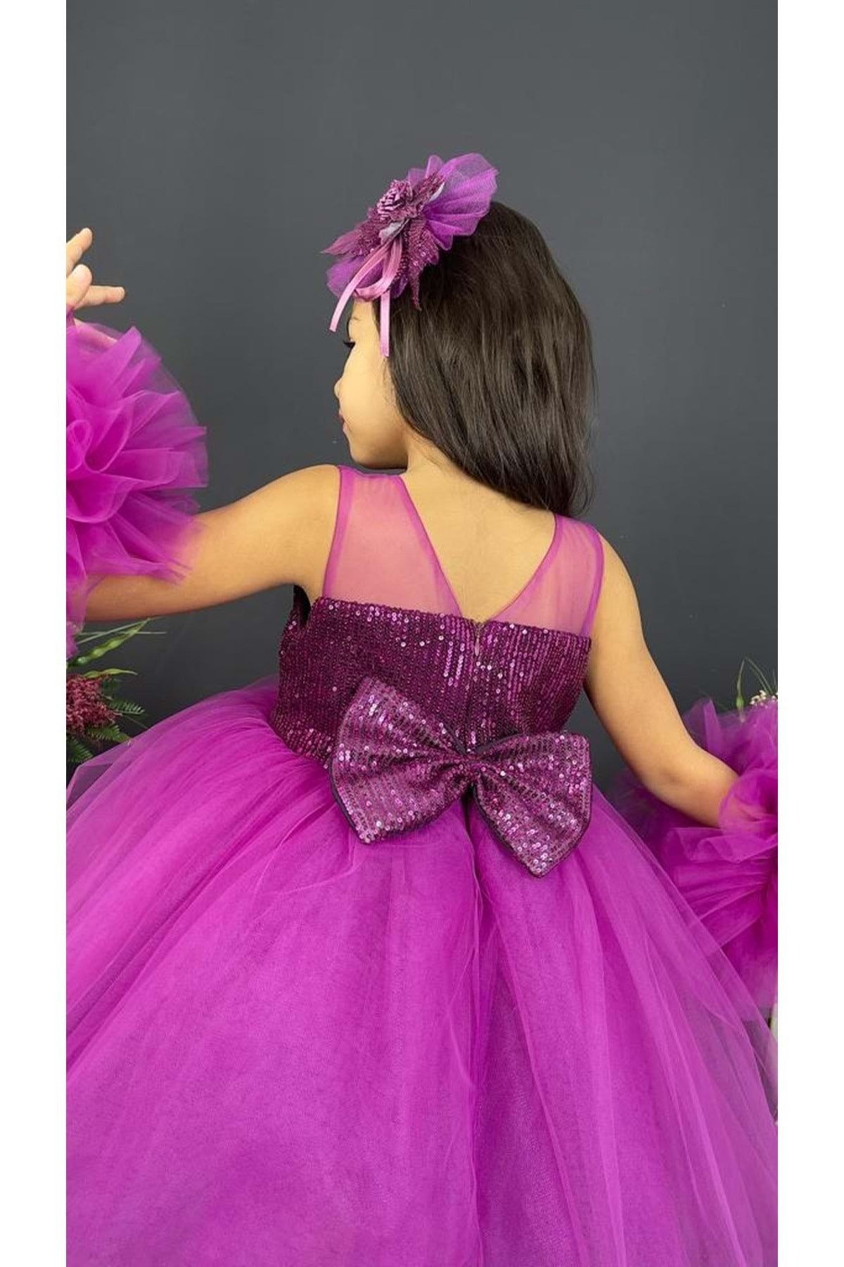 Chiffon Robe Pompom Sleeve Sequined Girls Fluffy Skirt Tulle Evening Dress Purple