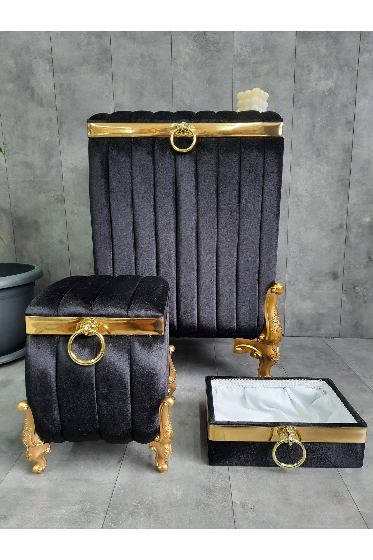 Luna Black 3-Piece Mdf Silk Velvet Bathroom Set Dirty Laundry Basket - Towel Holder - Detergent Set. - Swordslife