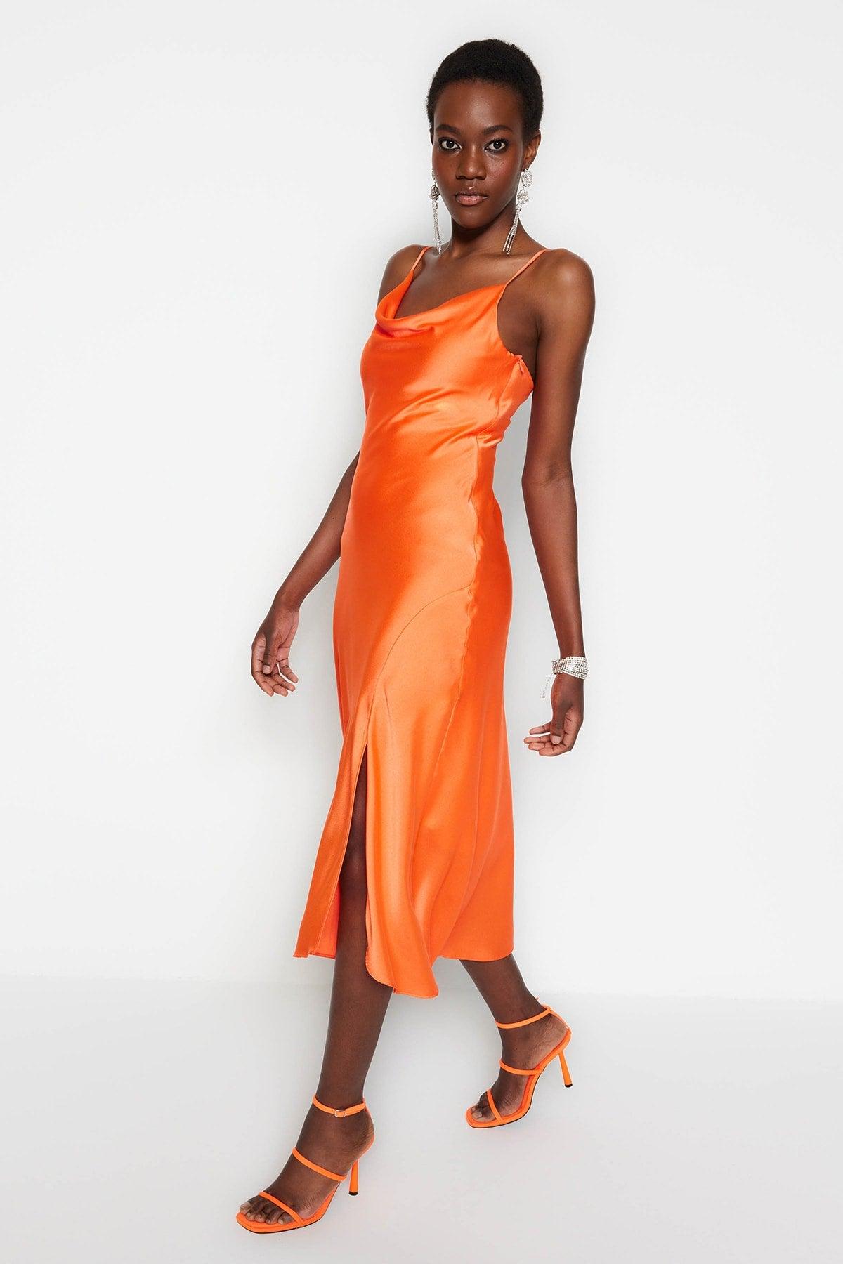 Orange Lined Woven Satin Elegant Evening Dress TPRSS19BB0058 - Swordslife