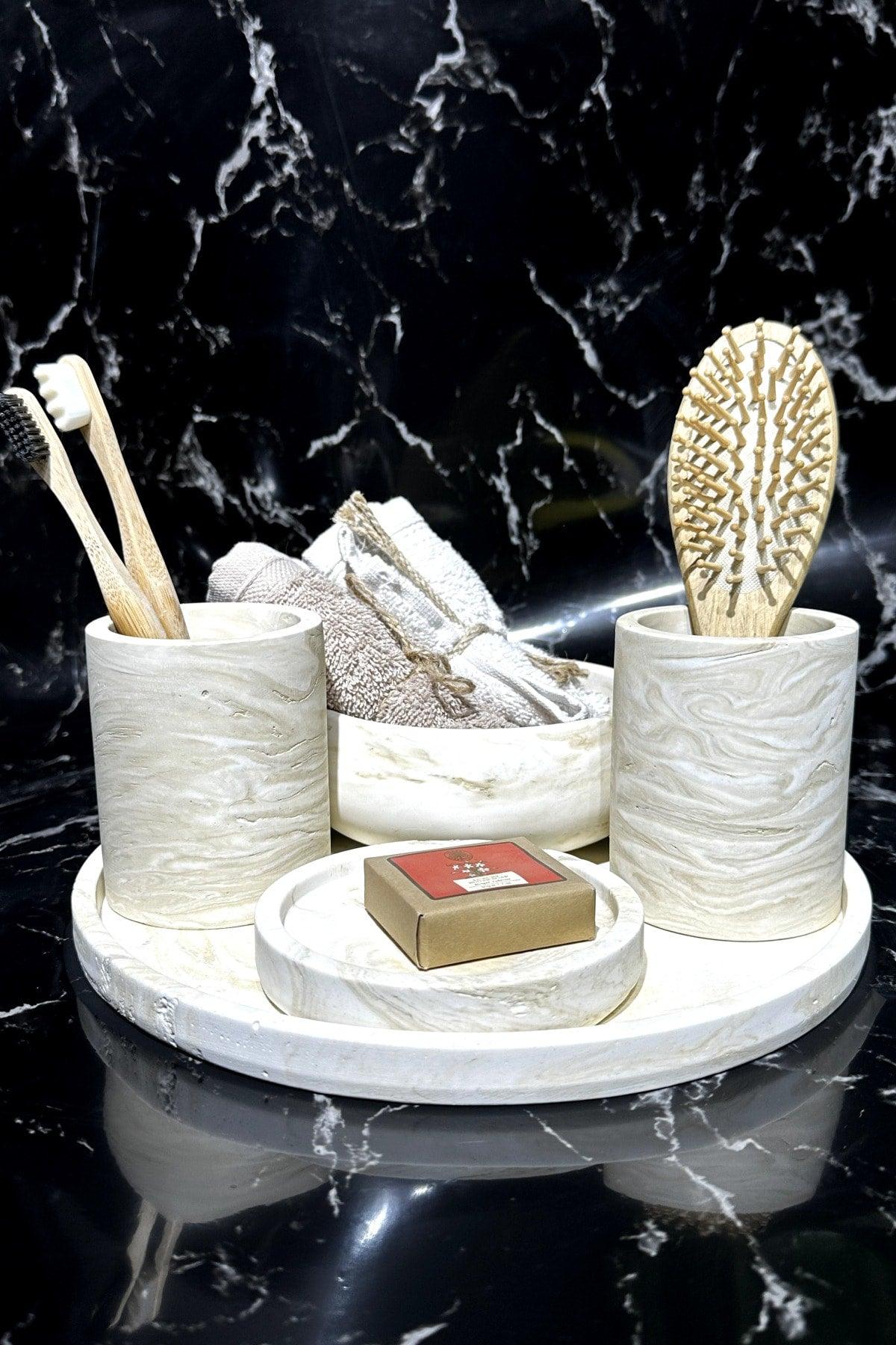 Beige Marble Pattern Concrete Bathroom Set Organizer Toothbrush Holder - Swordslife