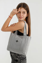 Gray U37 Snap Closure 2 Compartment Front Pocket Detailed Canvas Fabric Daily Women's Arm And Shoulder Bag U:2