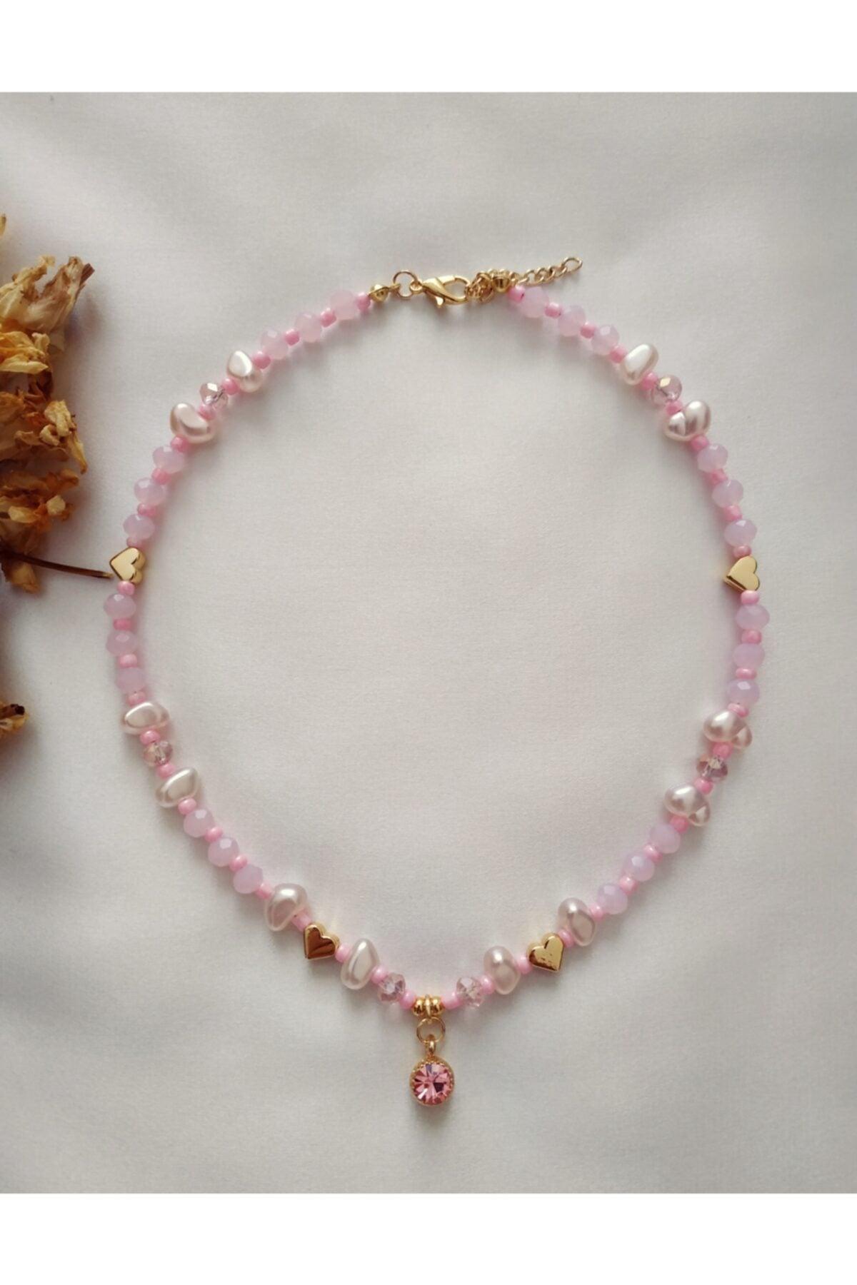 Powder Glitter Tip Baroque Pearl Heart Crystal Bead Necklace - Swordslife