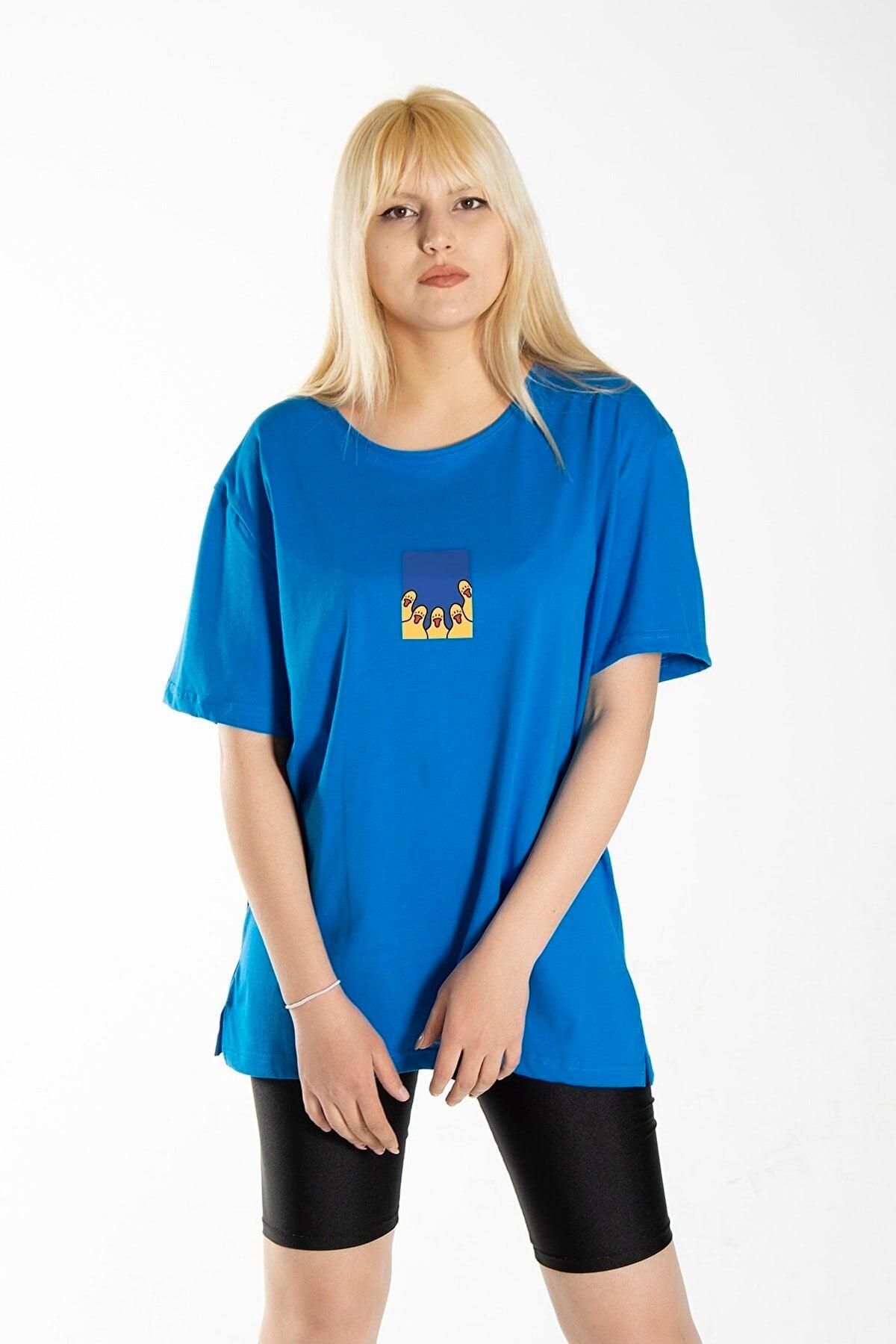 Women's Blue Front Duck Printed Crew Neck Oversize Cotton T-shirt - Swordslife