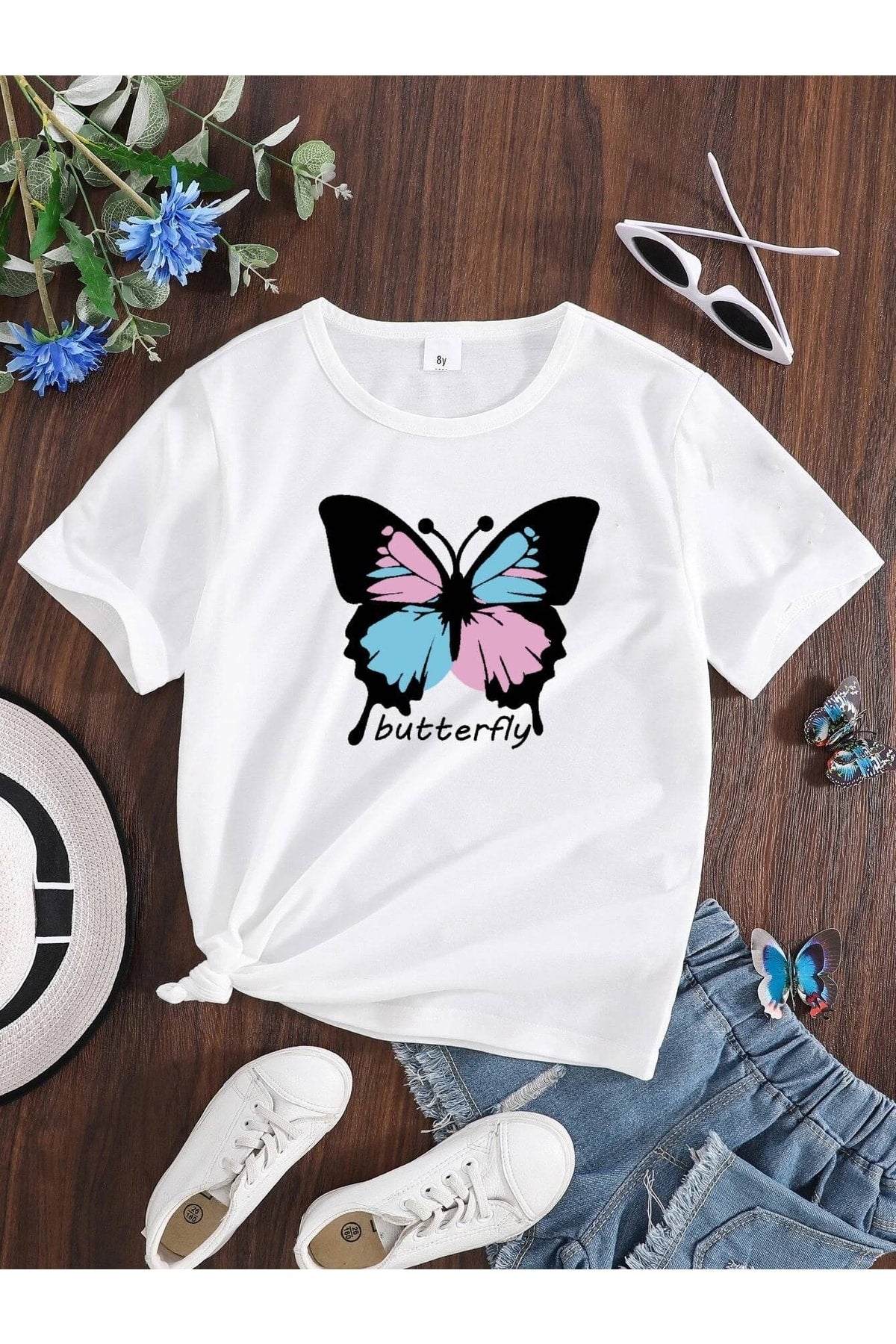 Crew Neck New Butterfly Printed Girl's T-Shirt