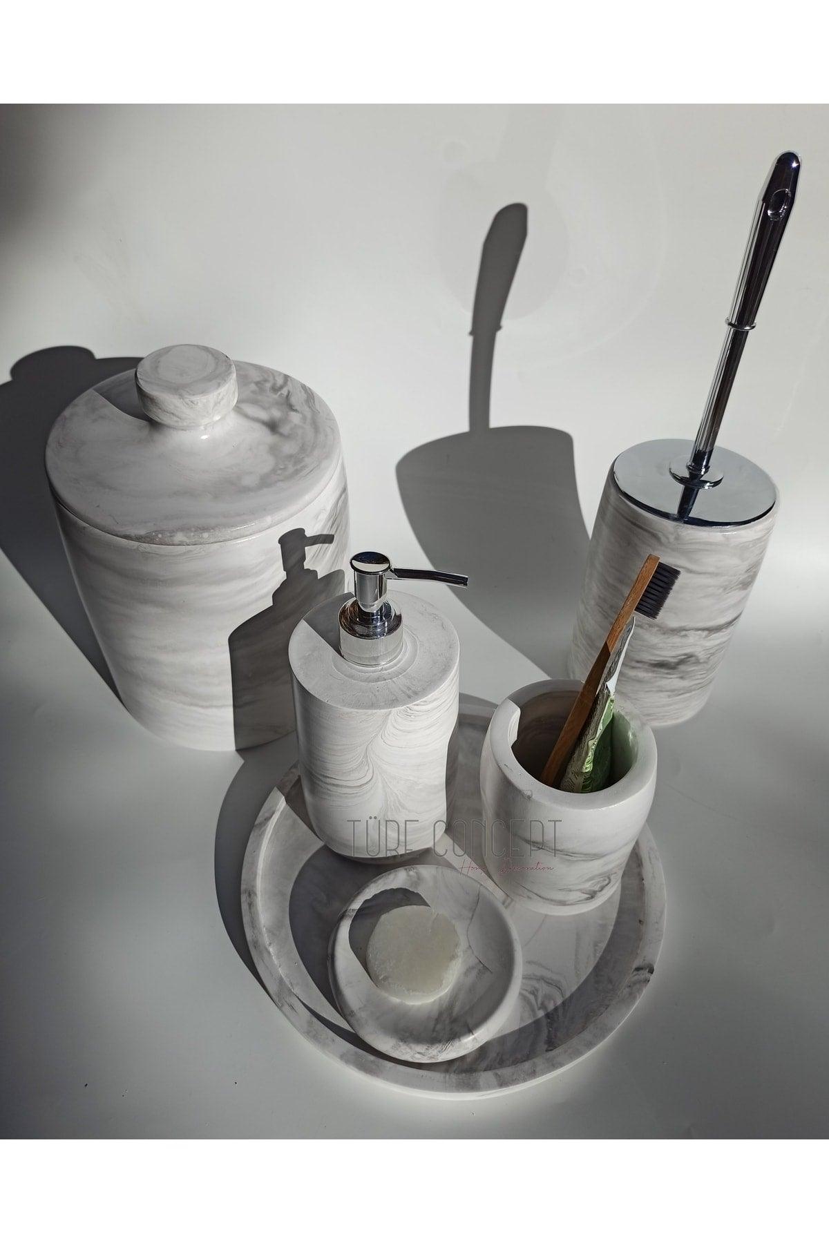 Marble Look Bathroom Set & Dustbin & Wc Brush & Soap Dispenser & Brush Set - Swordslife