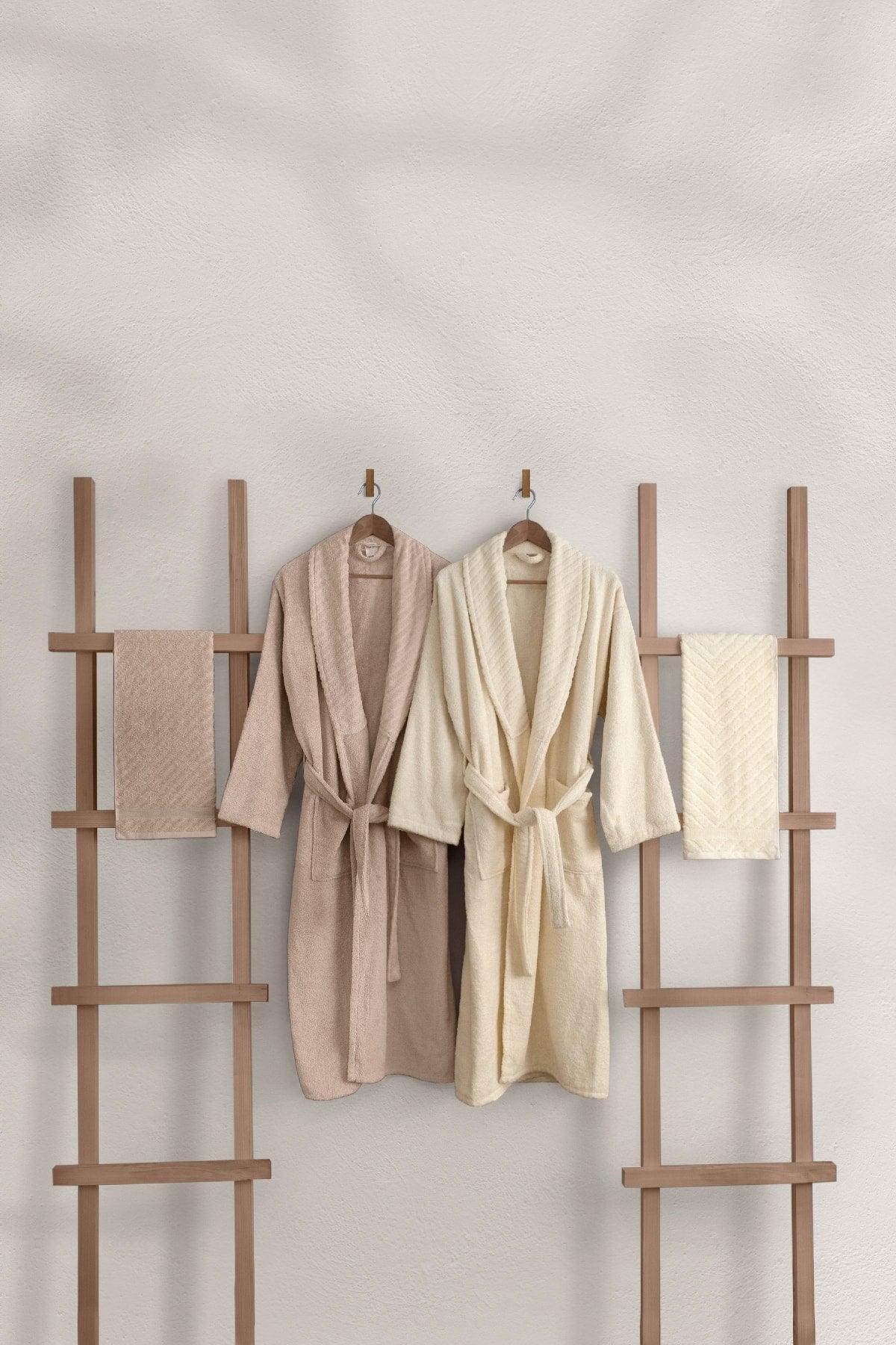 Lycian Salmon Cream 4 Pcs Family Bathrobe And Towel Set 2 Bathrobe 2 Towel Bathrobe Set Cotton Soft 1062a - Swordslife