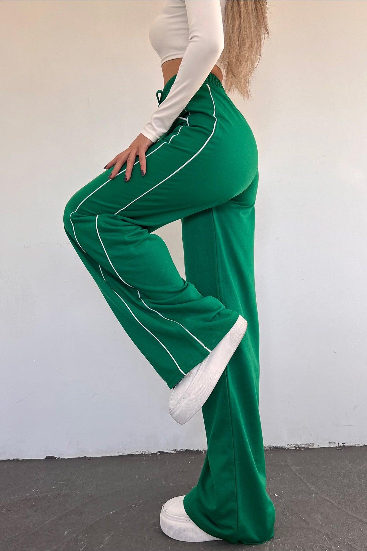 Women's Green Wide Leg Two Yarn Elastic Waist Sweatpants - Swordslife