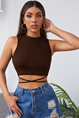 Women's Brown Cross-Cover Crop Top Blouse - Swordslife