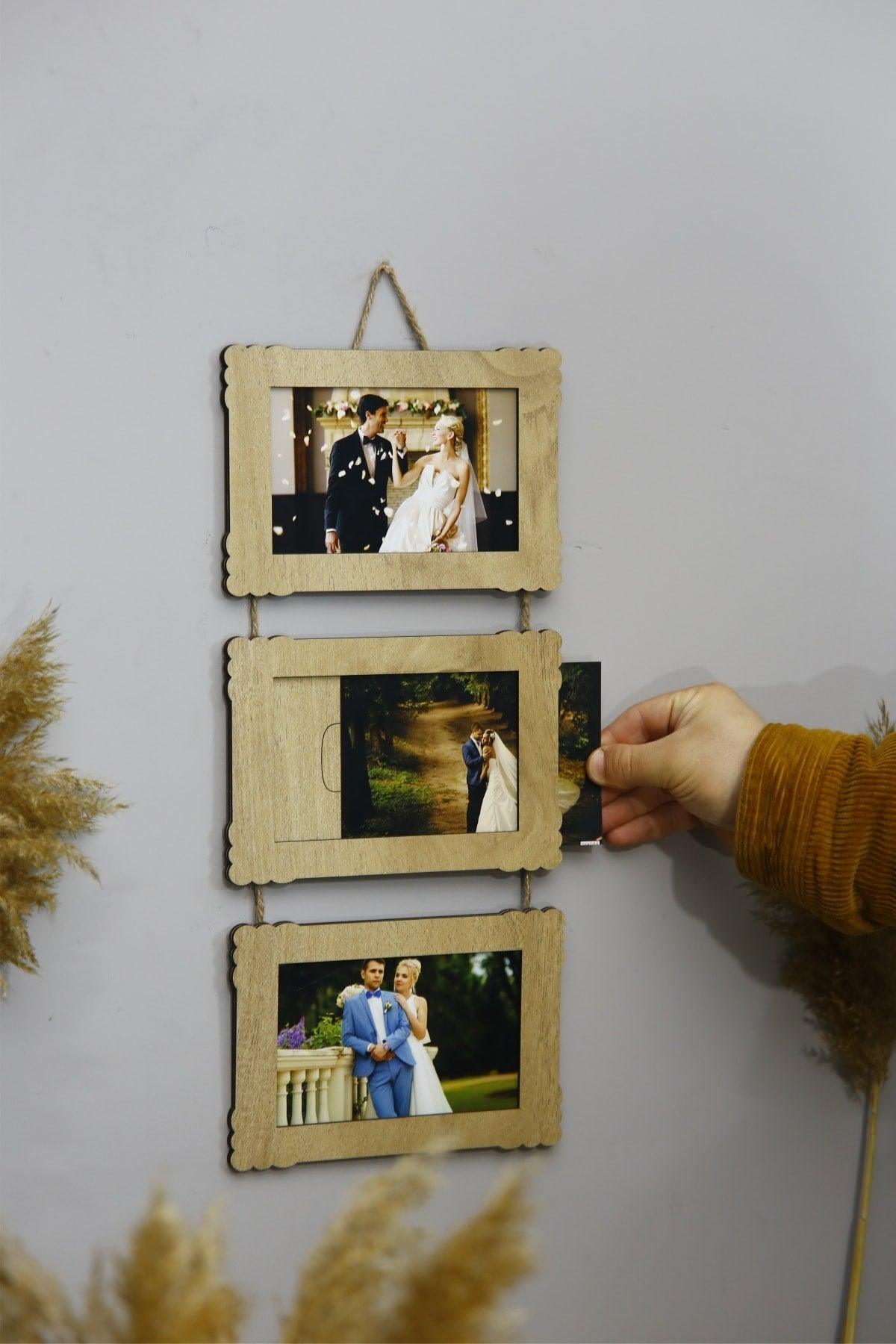 Wooden Triple 10x15 Cm Horizontal With Rope Photo Hanger - Swordslife