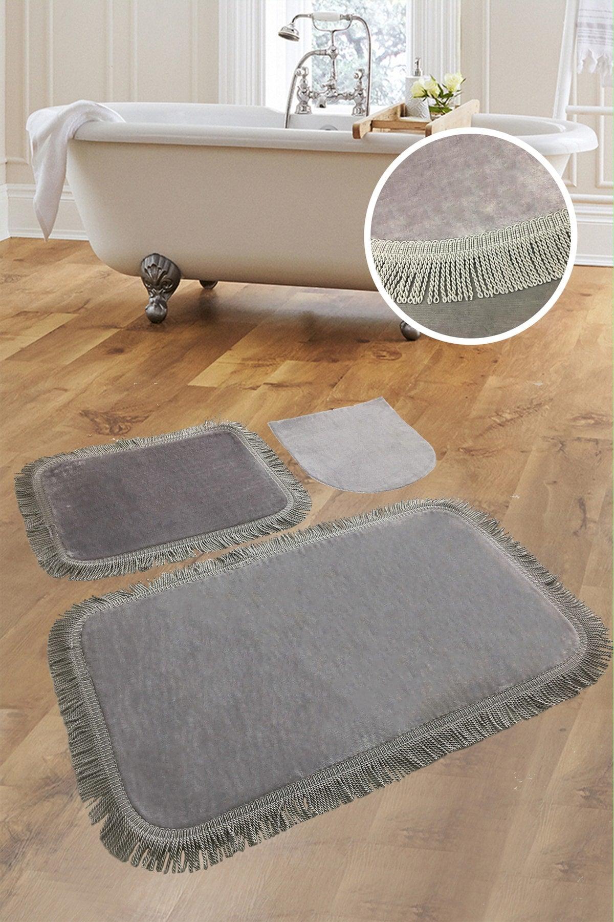 Shareton Cornered Gray 3 Pcs Bath Mat Set Twirl Fringed Tassel Dowry Closet Set - Swordslife