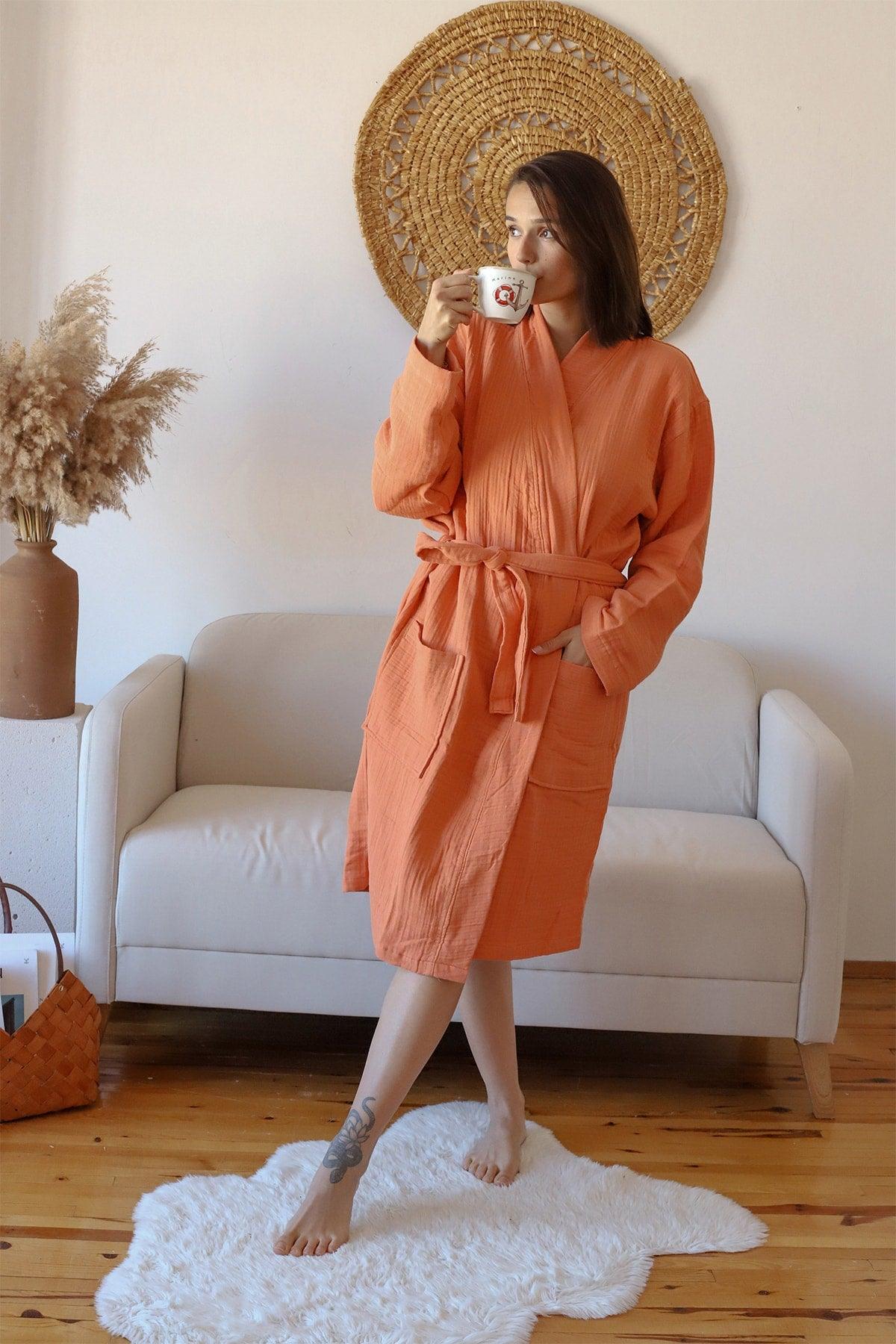 Adult Kimono Bathrobe, 100% Cotton 4 Ply Multi Muslin Terracotta - Swordslife