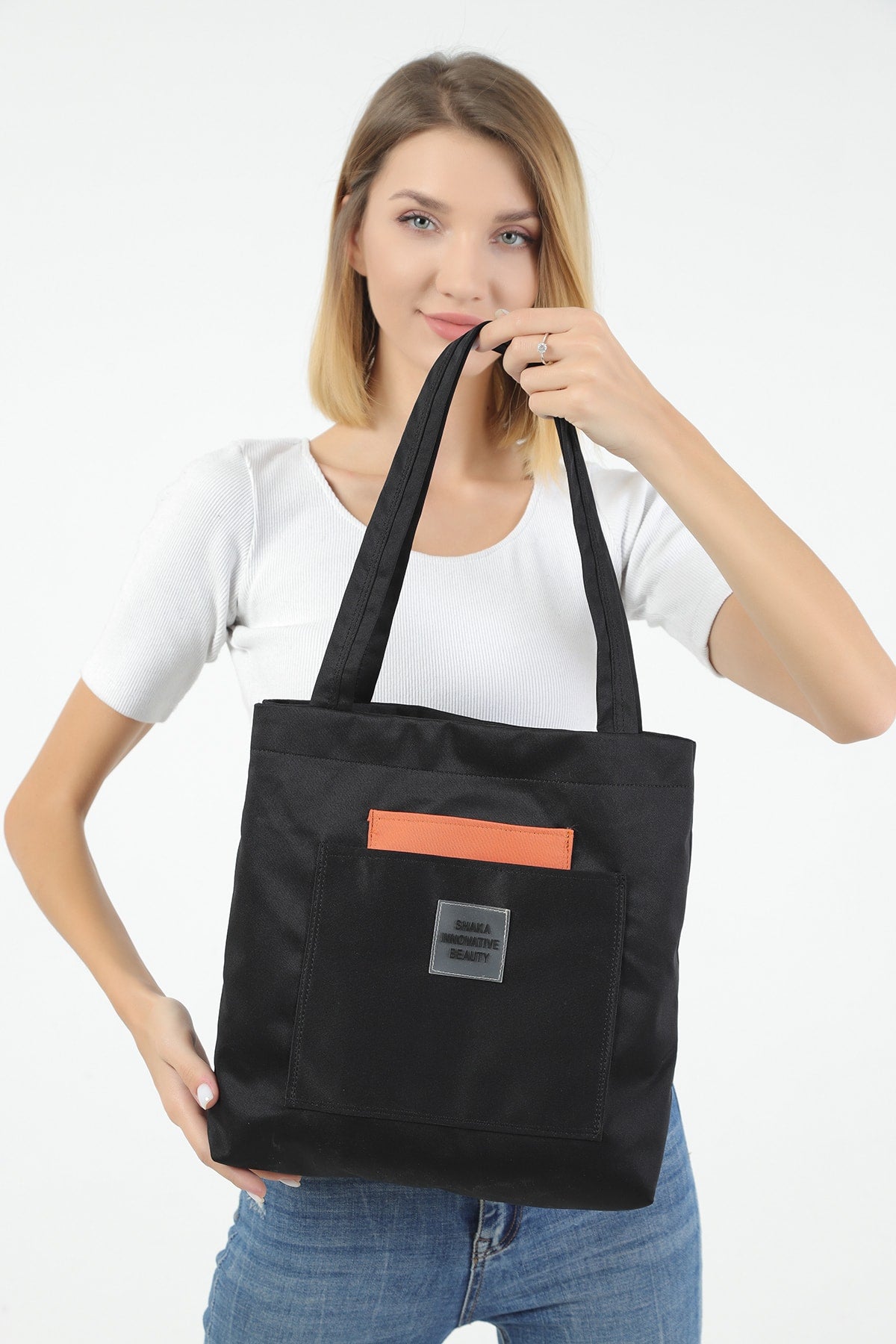 Black/orange U22 3-Compartment Front 2 Pocket Detailed Canvas Fabric Daily Women's Arm and Shoulder Bag B:35 E:35