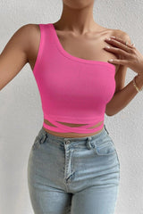 Women's Fuchsia One-Shoulder Tie Back Crop Top Blouse - Swordslife