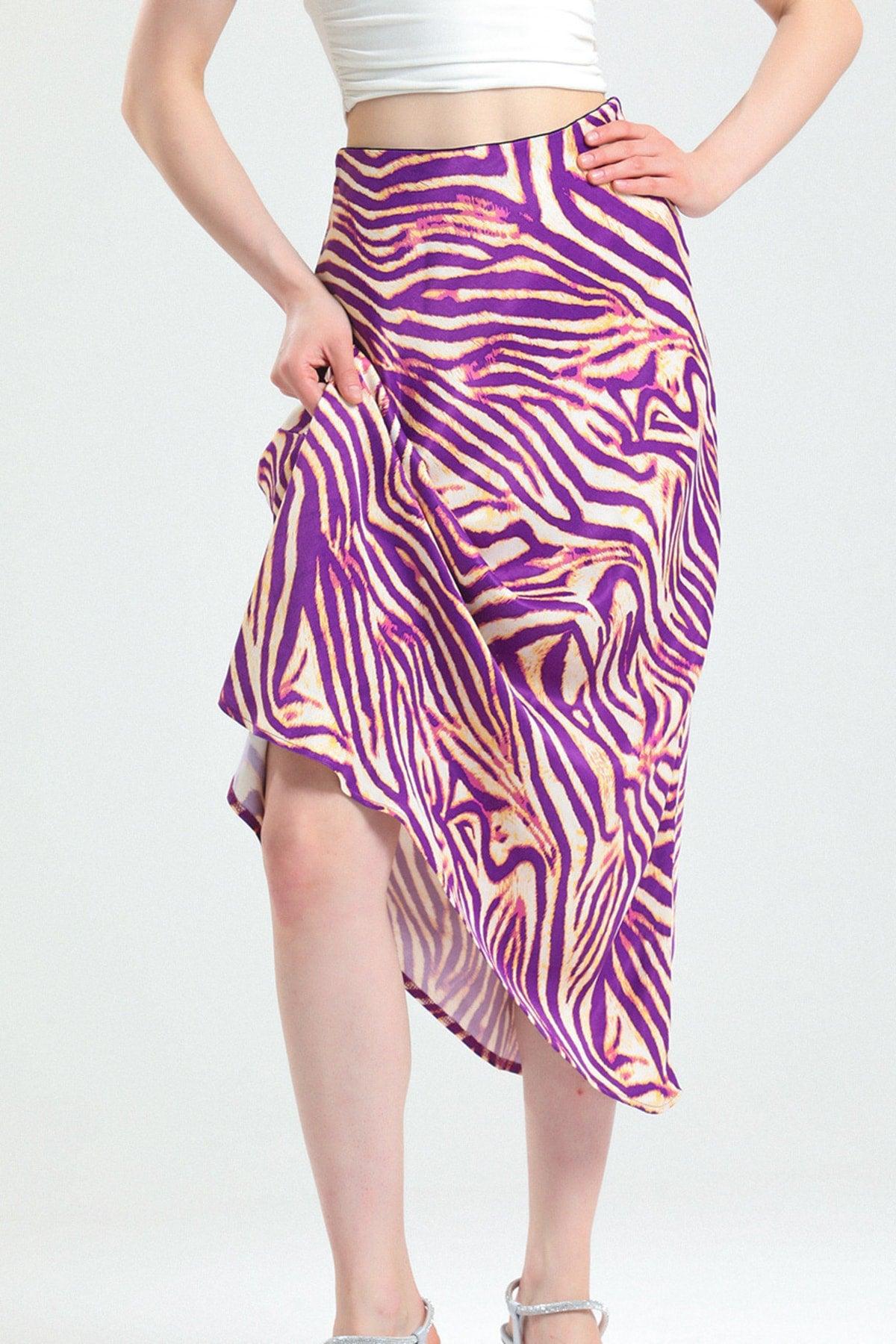 Zebra Pattern Viscose Satin Midi Skirt - Purple - Swordslife