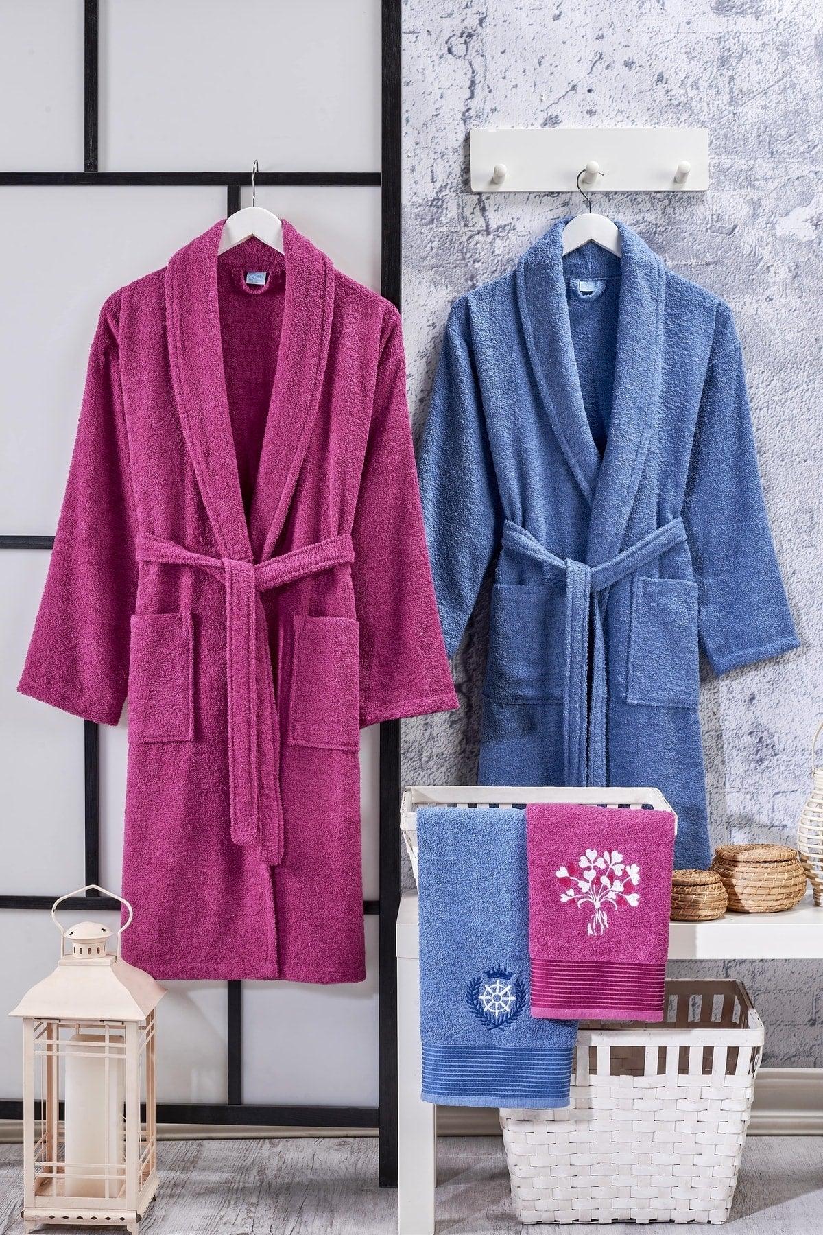 100% Cotton Embroidered 4-Piece Family Bathrobe Set| Bathrobe Set | Dowry Set | Sax Blue | magenta - Swordslife