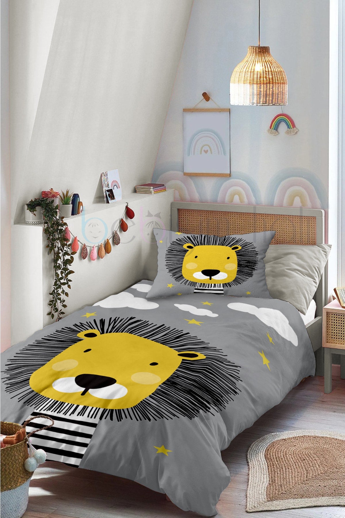 Cute Lion Patterned Single Baby Kids Duvet Cover Set