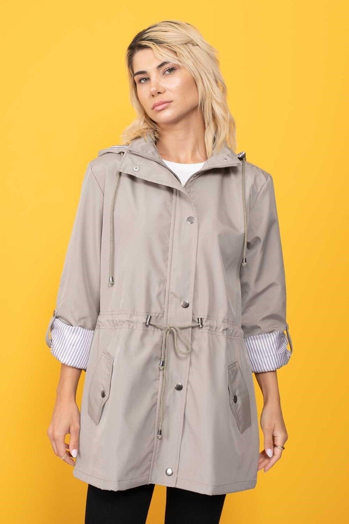 Women's Stone Color Hooded Seasonal Coat - Swordslife