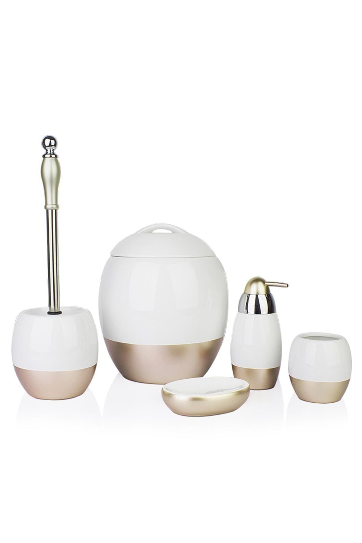 Gold White Marb 5 Piece Ceramic Bathroom Set Fma439899 - Swordslife