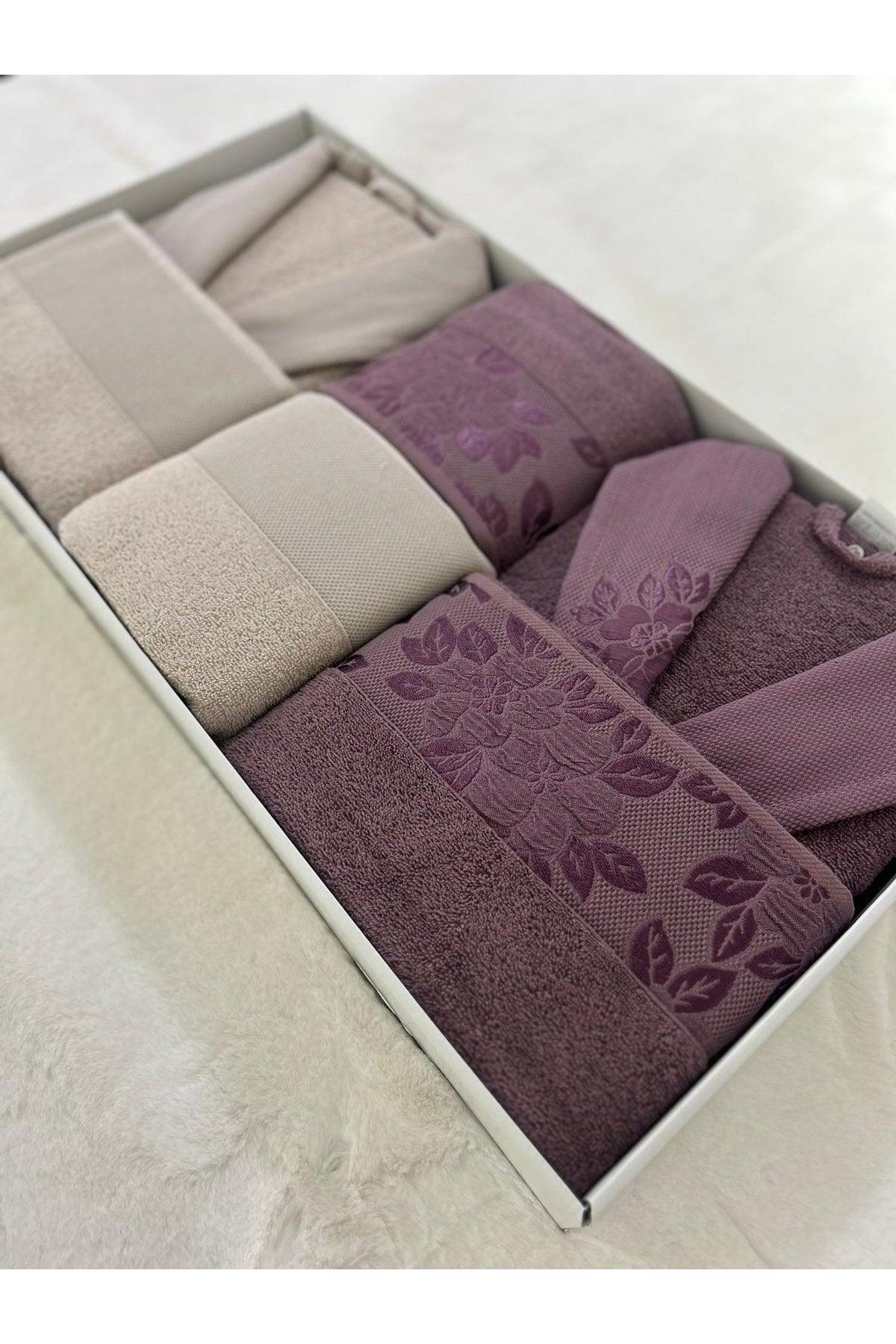 Nazar 8 Piece Bathrobe Set Beige - Plum - Swordslife