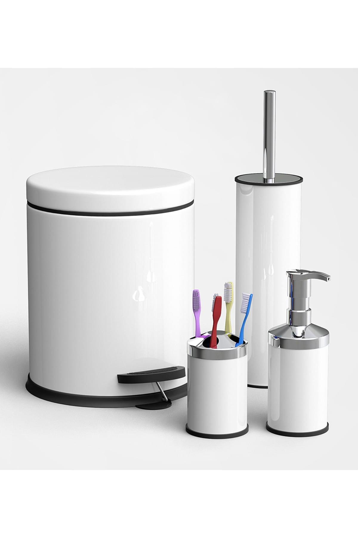 White Set of 4 Pedal Dustbin Wc Toilet Bowl Brush Soap Dispenser Toothbrush Holder Set - Swordslife