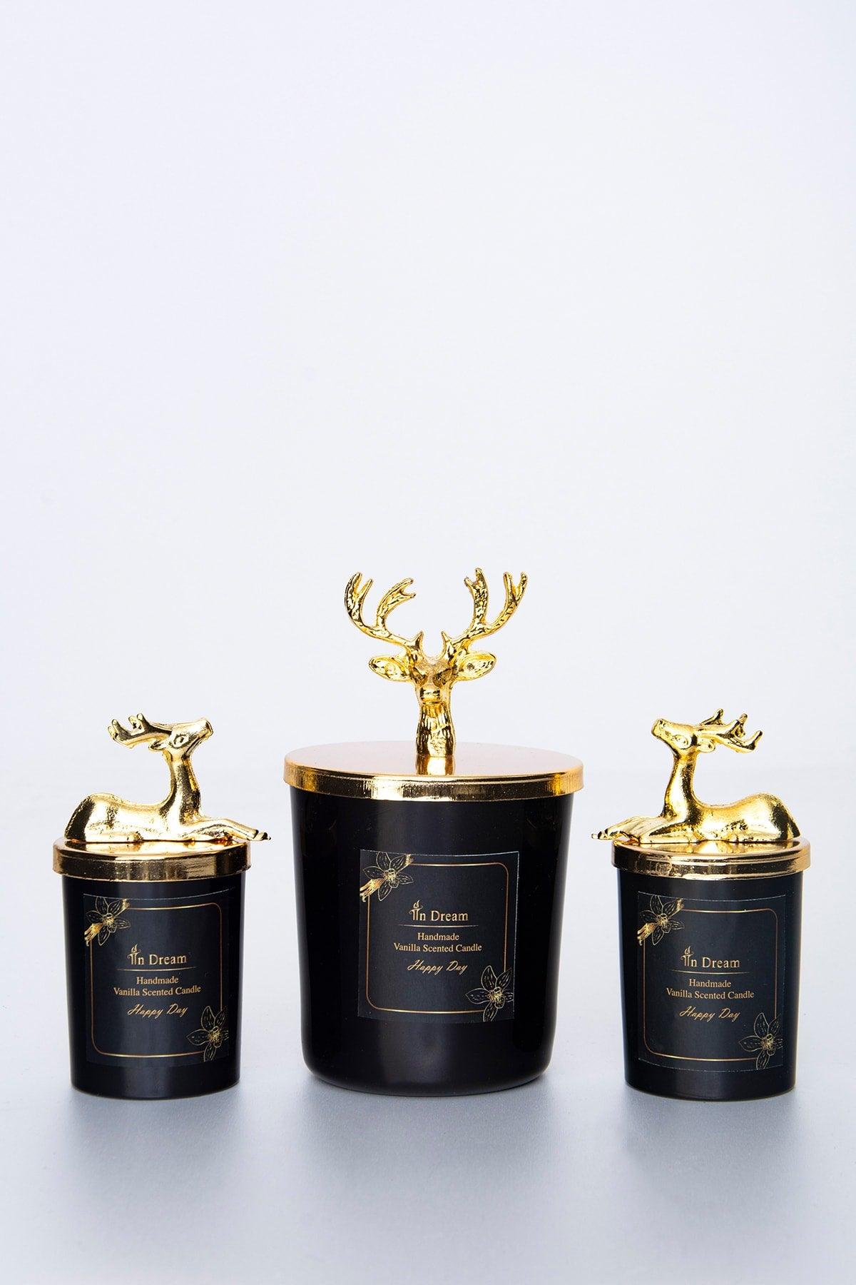 Decorative Gold Deer Black Vanilla Scented Glass Candle Set - Swordslife