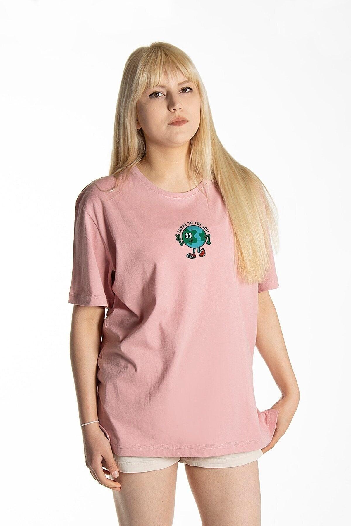 Women's Pink Front Earth Printed Crew Neck Oversize Cotton T-shirt - Swordslife