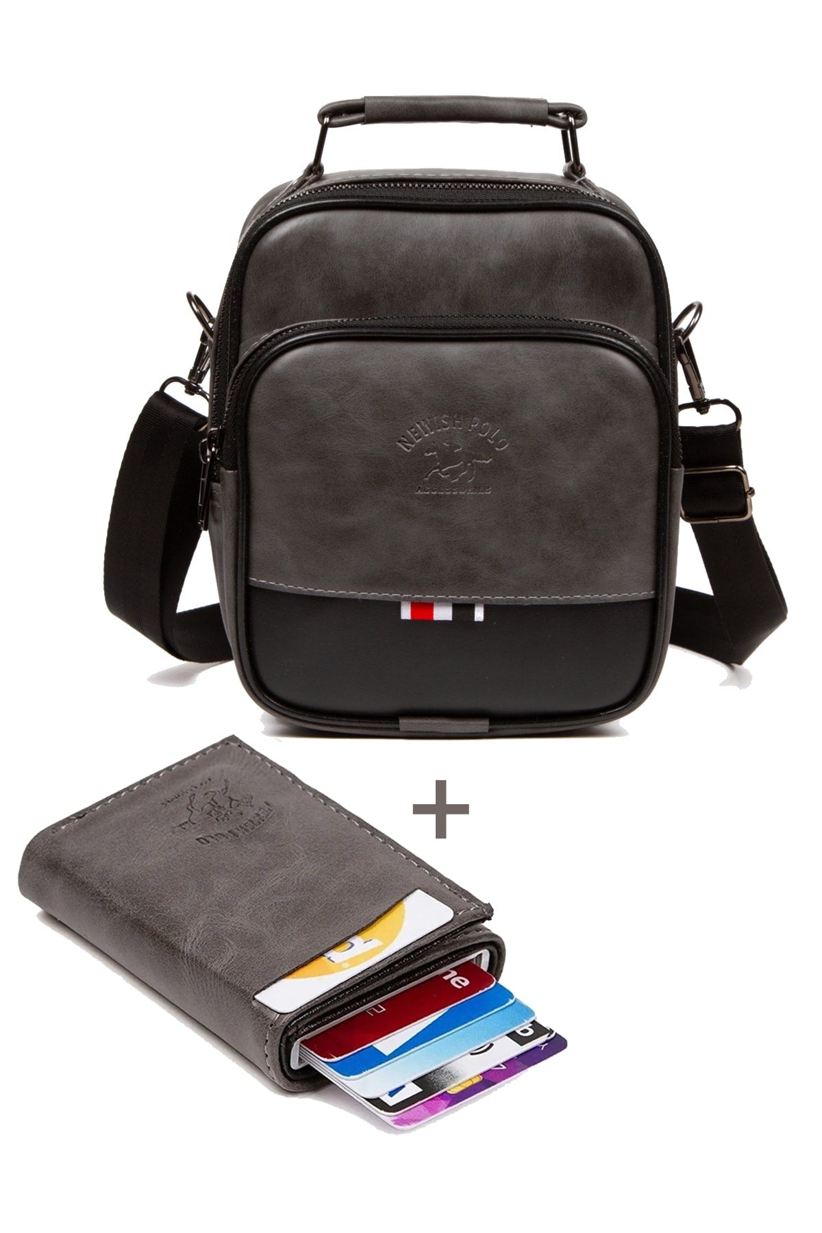 Adelina Gray Crazy Leather Hand And Shoulder Bag And Mechanism Card Holder Set