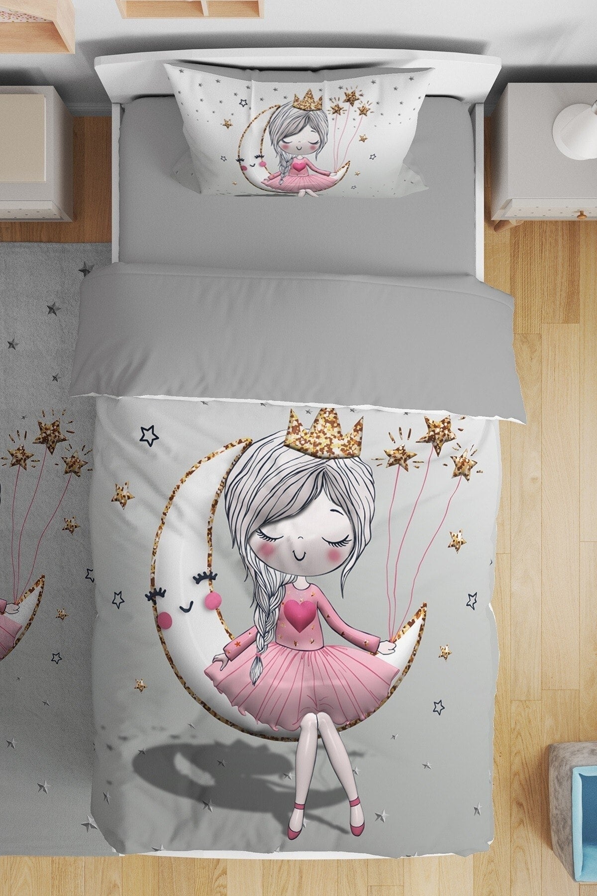 3D Gray Moon Sitting Princess Patterned Single Baby Child Duvet Cover Set
