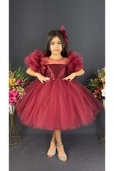 Chiffon Robe Pompom Sleeve Sequined Girls Fluffy Skirt Tulle Evening Dress Claret Red