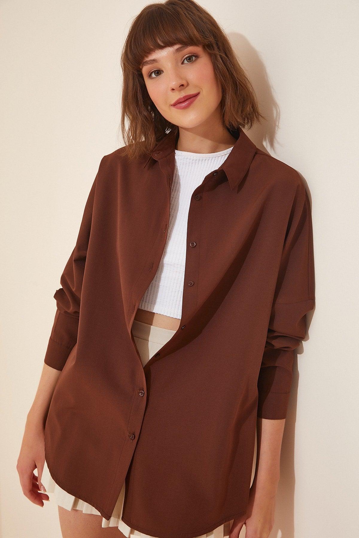 Women's Chocolate Oversize Long Basic Shirt DD00842 - Swordslife