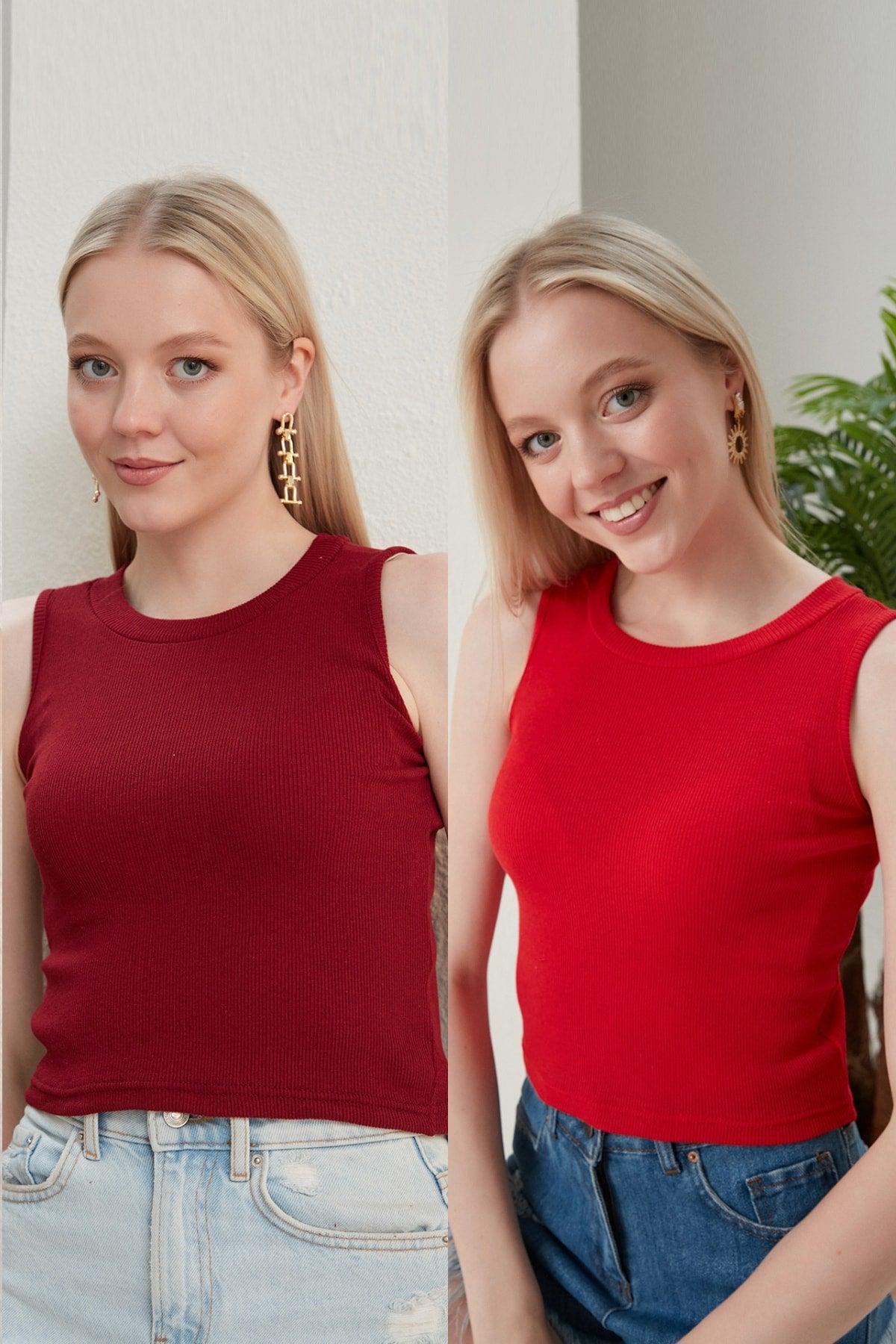 Women's Burgundy Red Halter Neck 2 Piece Crop Blouse - Swordslife