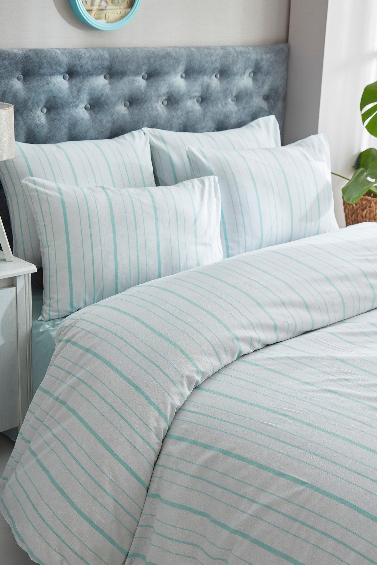 Striped Mint Single Cotton Linen Duvet Cover Set - Swordslife