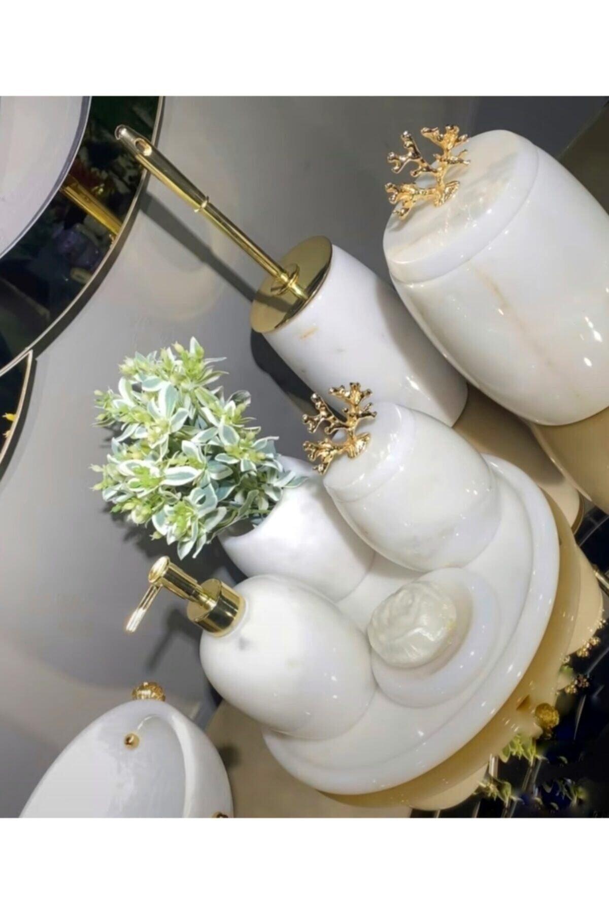 Decorative White Marble Bathroom Set Set 7 Li Gold Detailed Design Set - Swordslife