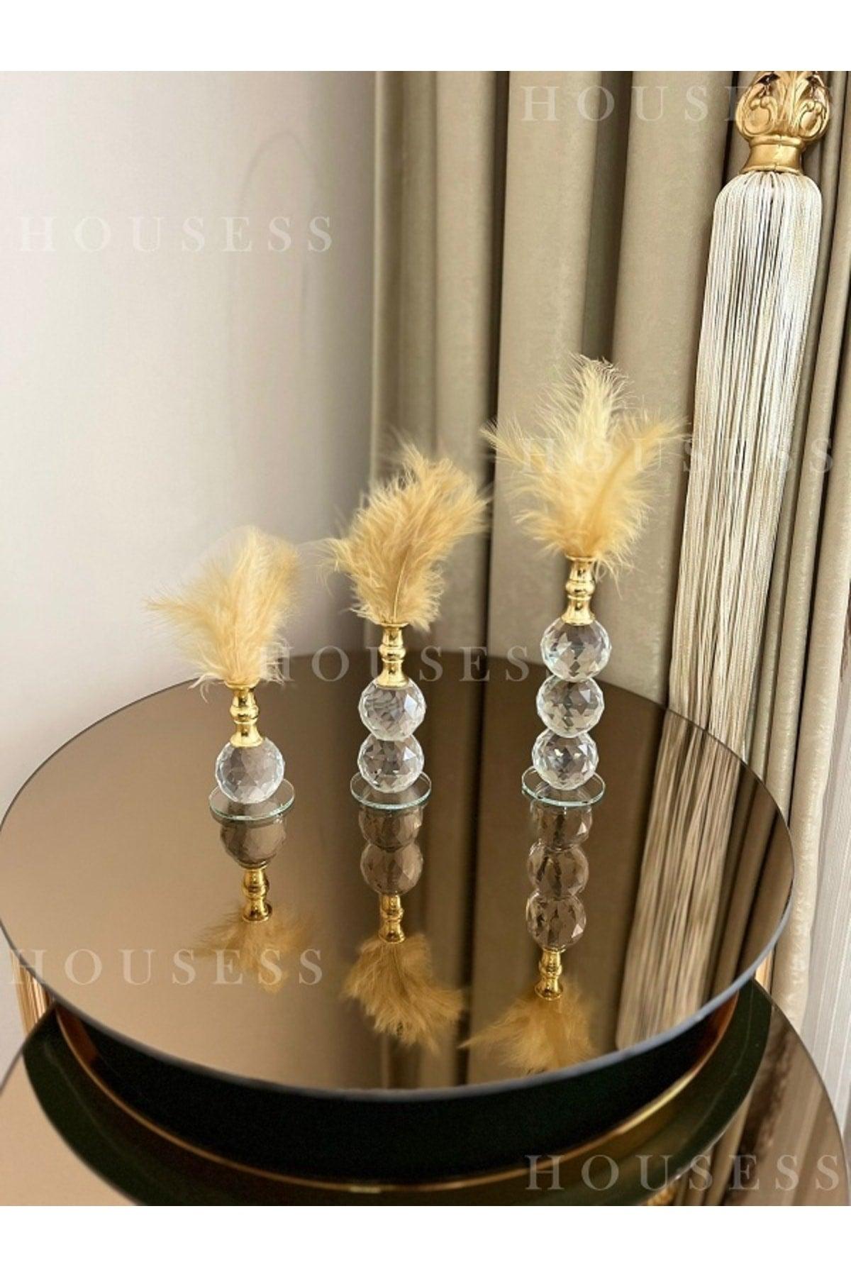 Set of 3 Gold Feathered Gold Crystal Ball Feather Decor Trinket Ornament - Swordslife