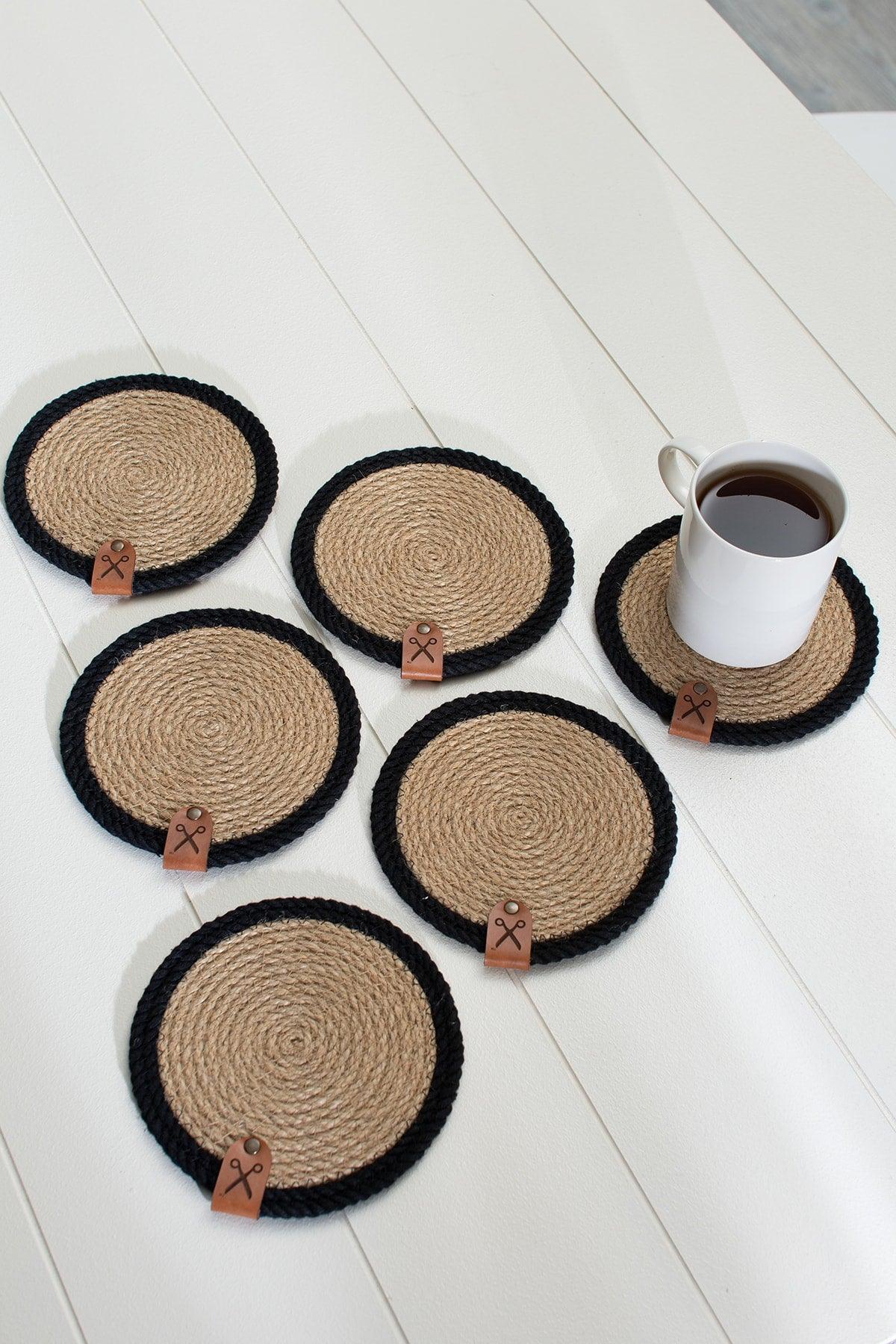 6 Pieces 13cm Black Striped Jute Straw Weave Coaster Presentation Set - Swordslife