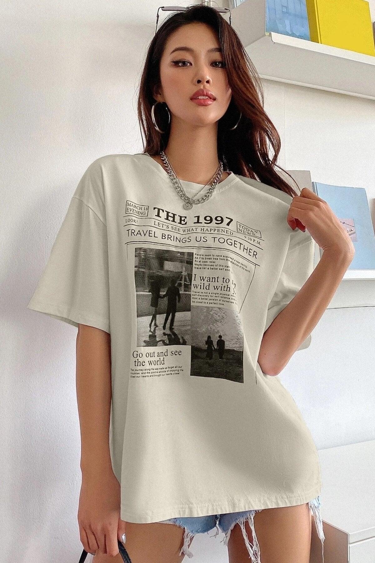 Women's Beige The 1997 Printed Oversize T-shirt - Swordslife