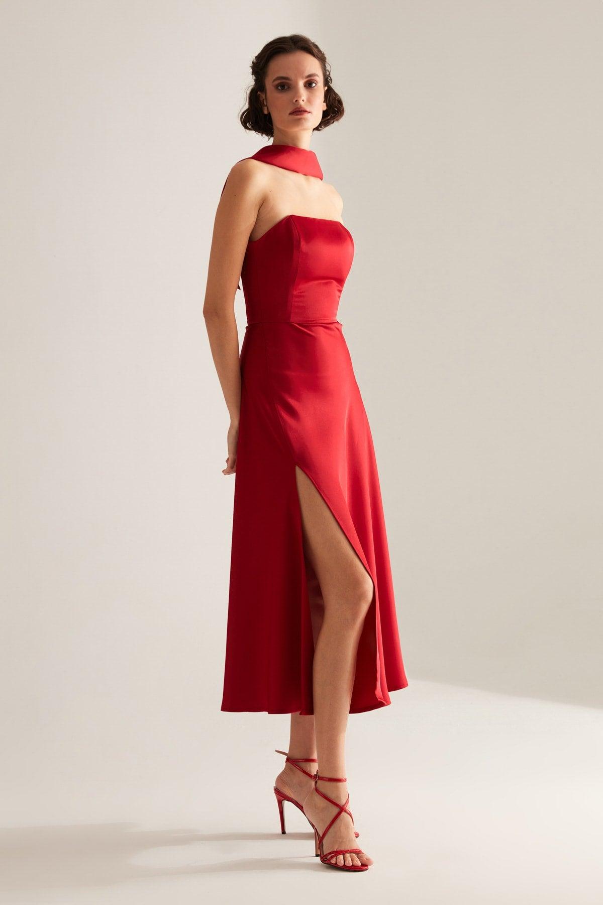 Brera Red Satin Slit Wrap Strapless Dress - Swordslife