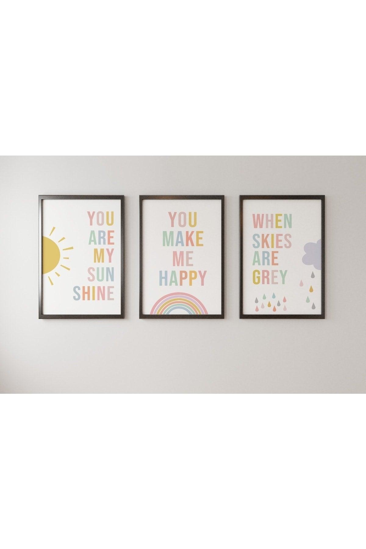 Triple Table Design, Decor, Kids Room, Baby Room, Colorful, Sun, Cloud, Rainbow, Framed - Swordslife