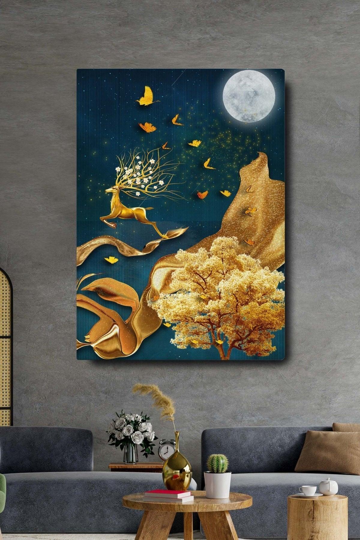 Decorative Abstract Golden Deer Golden Tree Surreal Canvas Wall Painting - Swordslife