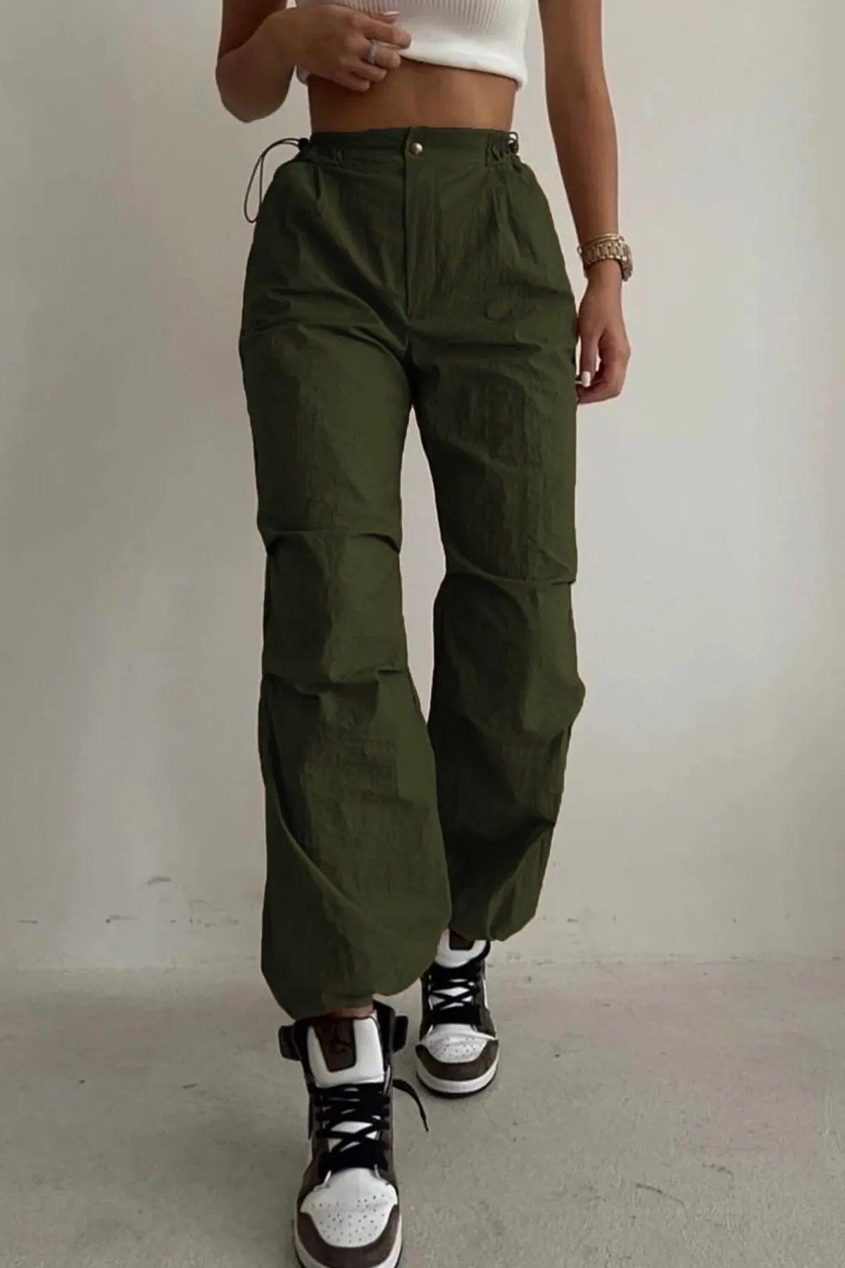 Khaki Tactical Adjustable Waist Parachute Fabric Trousers - Swordslife