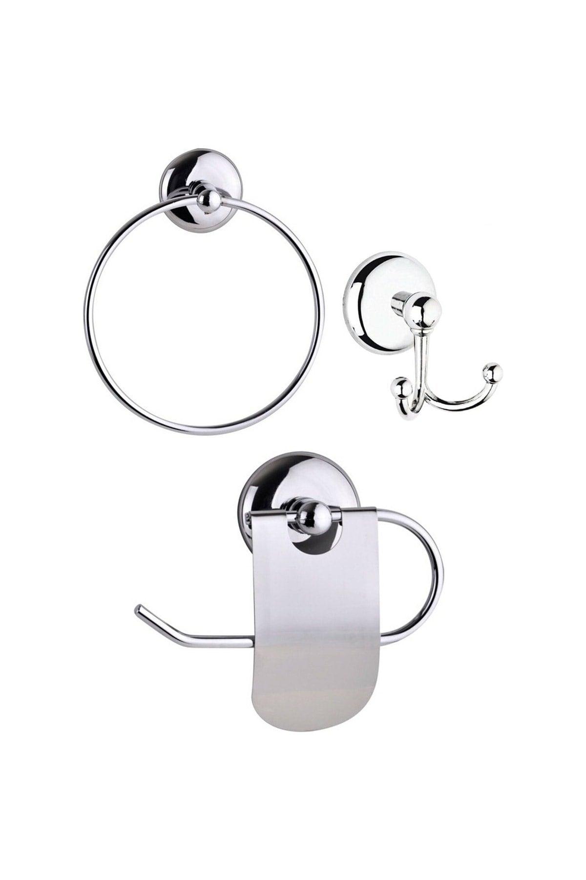 Wall Mounted Stainless Covered Toilet Paper Holder Accessory Set of 3 Bathroom Accessories Towel Rack - Swordslife