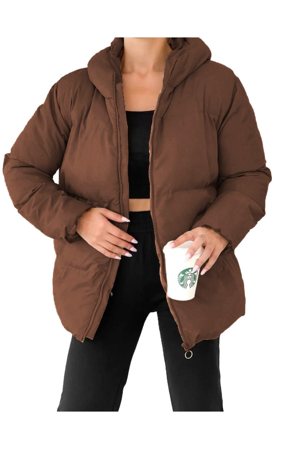 Women's Brown Hooded Inflatable Coat - Swordslife