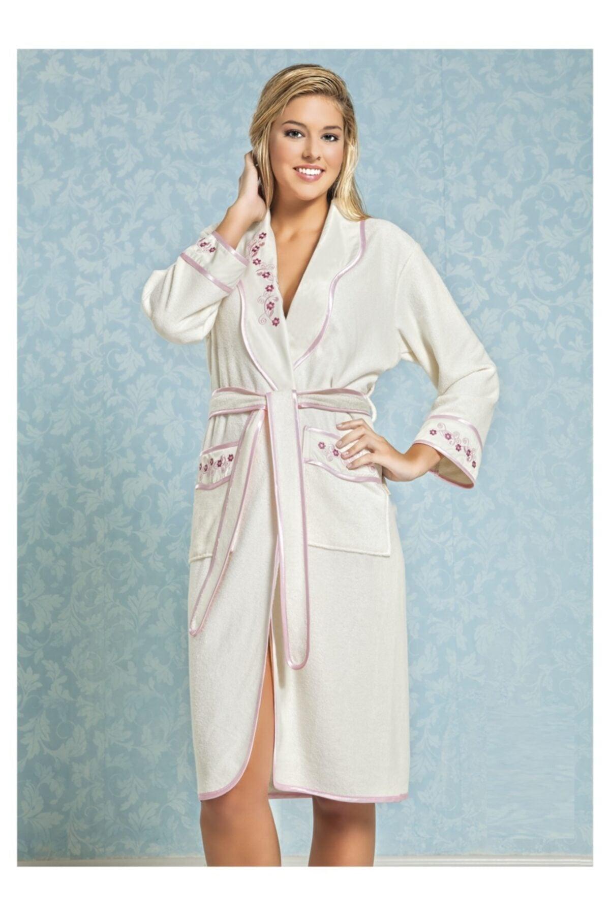 Women's Cream Collar Floral Embroidered Cotton Bathrobe - Swordslife