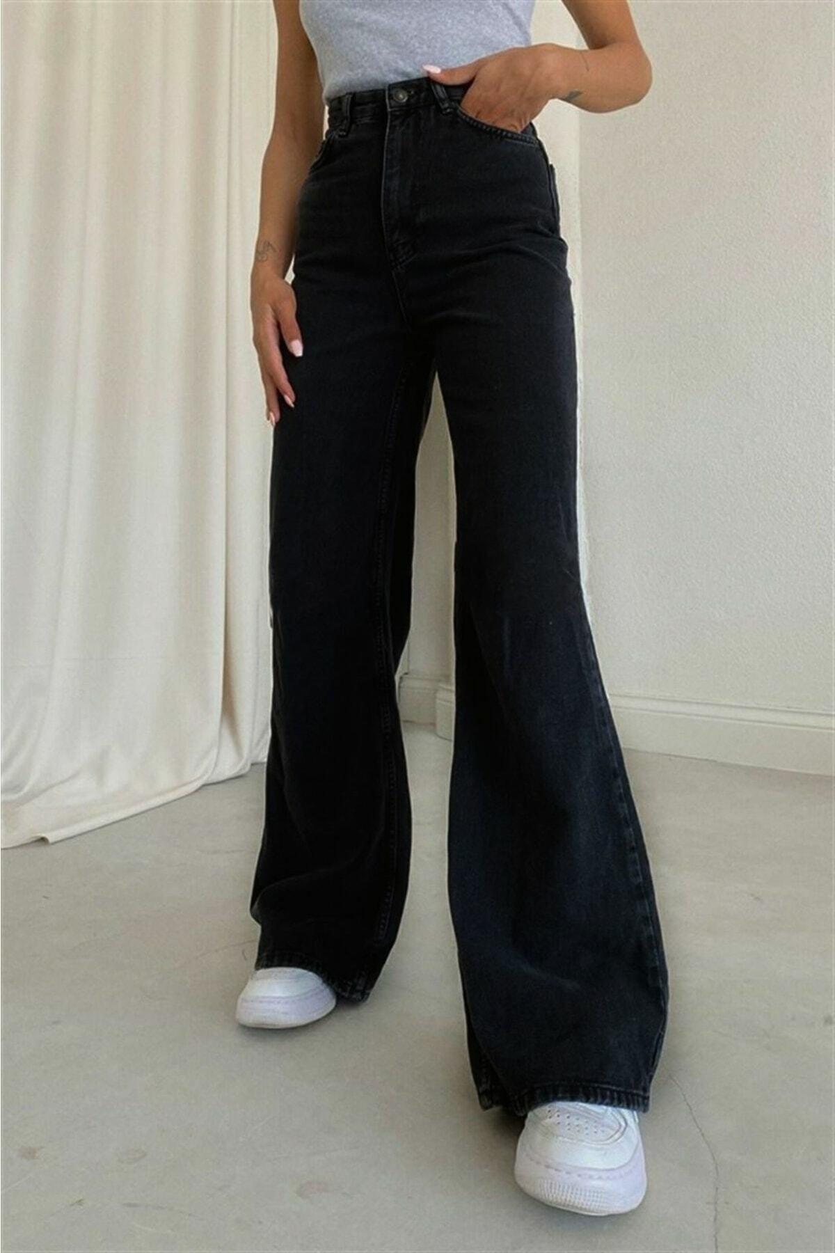 Women's Fadeless Black Lycra Wide Leg Jeans - Loose Denim Pants - Swordslife