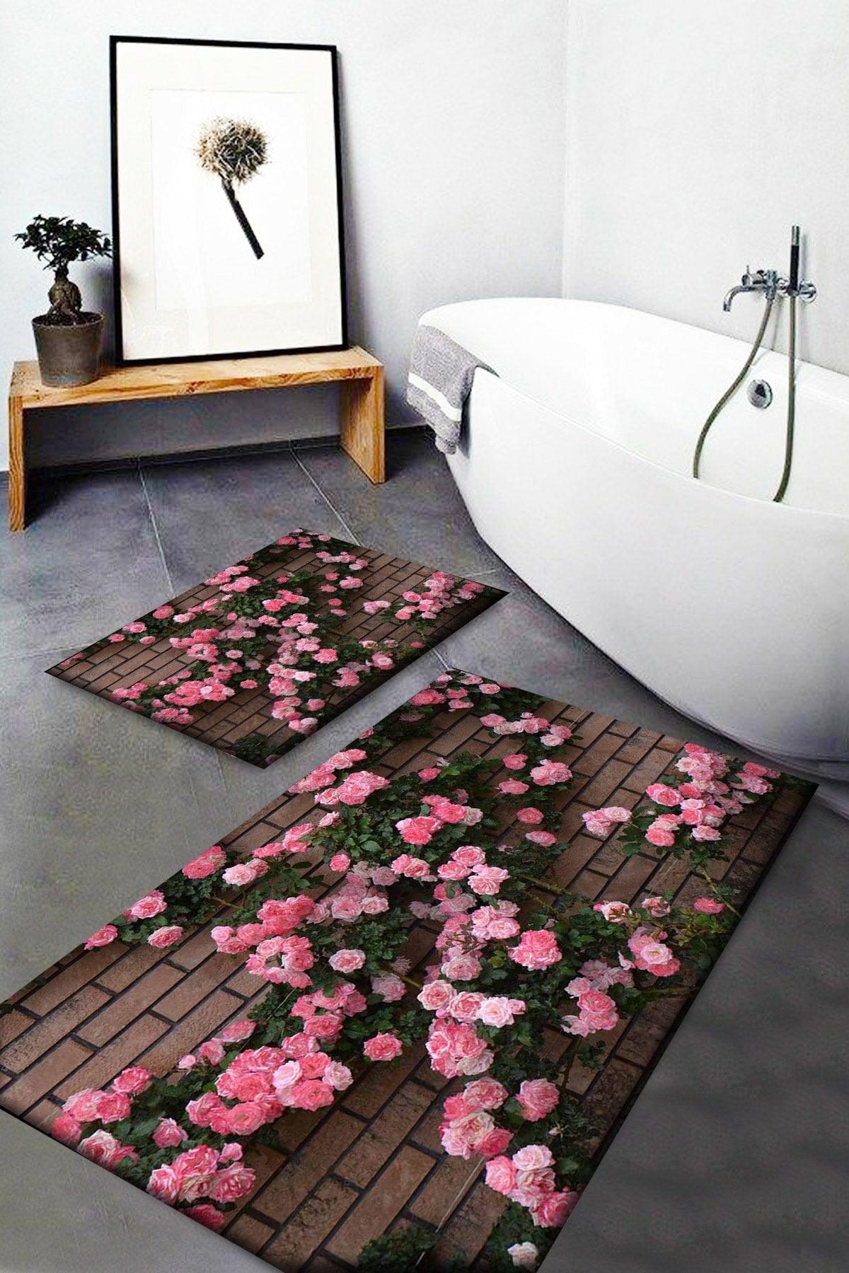 Osso Pink Floral Patterned Washable Non-Slip Floor 2 Bathroom Carpet Doormat Closet Set - Swordslife