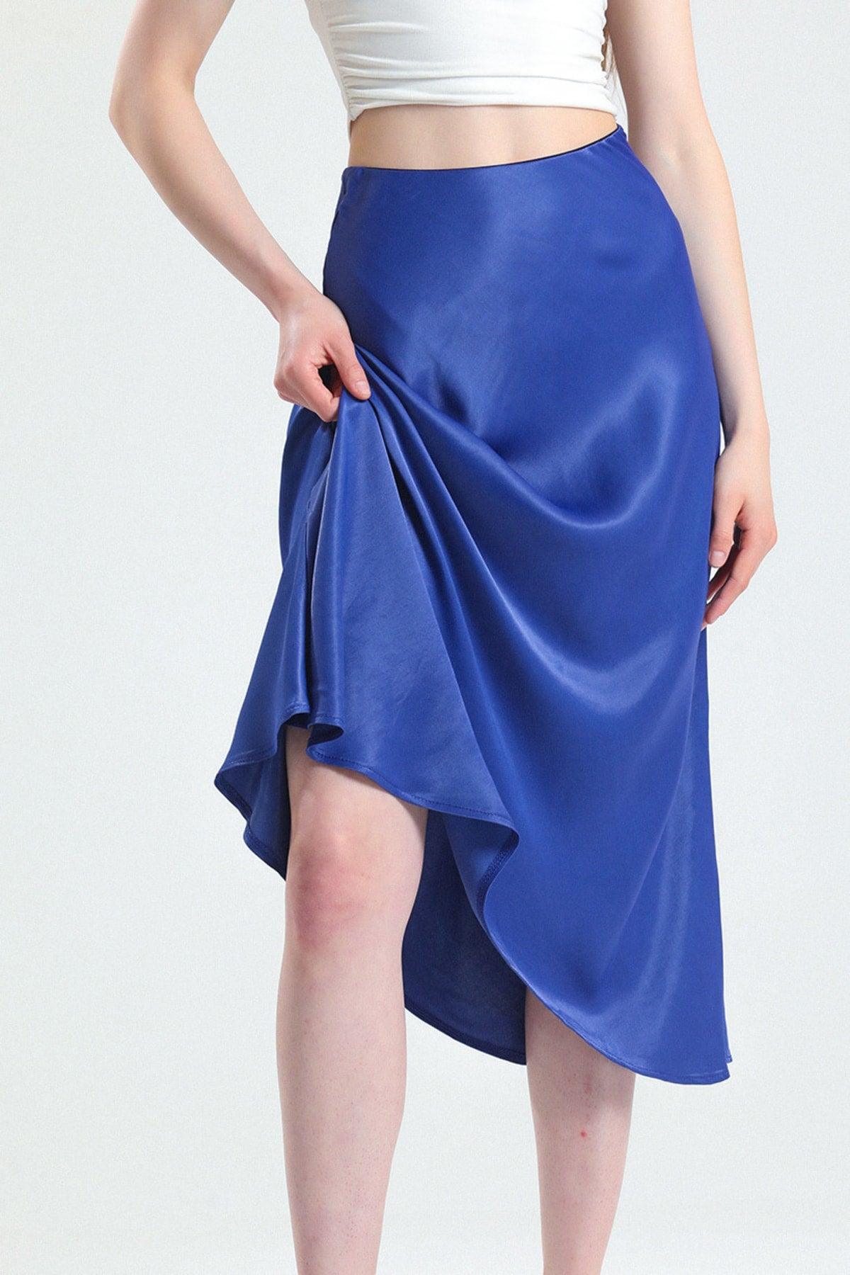 Summer Oblique Viscose Satin Fabric Navy Blue Midi Length Skirt - Swordslife