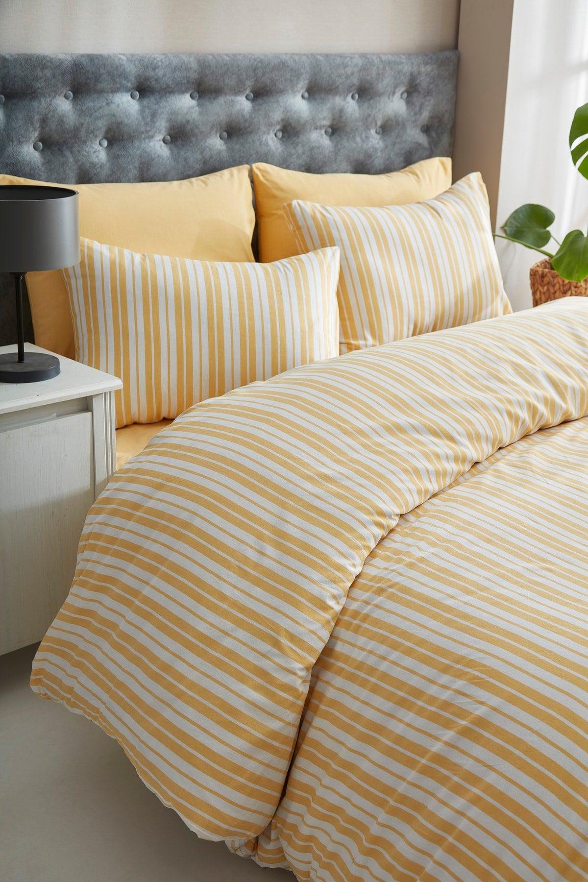 Striped Yellow Single Cotton Linen Duvet Cover Set - Swordslife