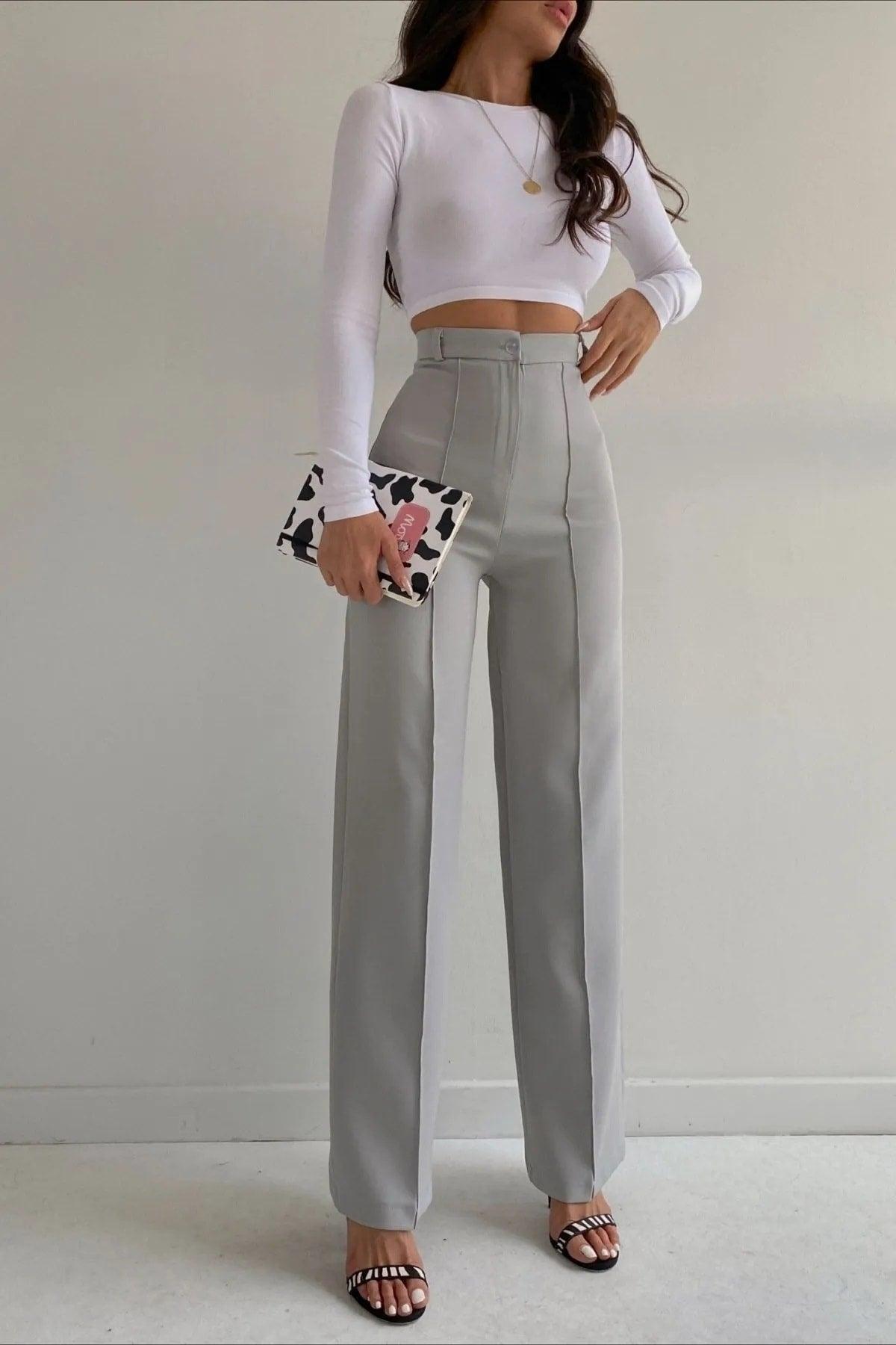 Women's Gray Front Stitched Detailed High Waist Palazzo Trousers - Swordslife