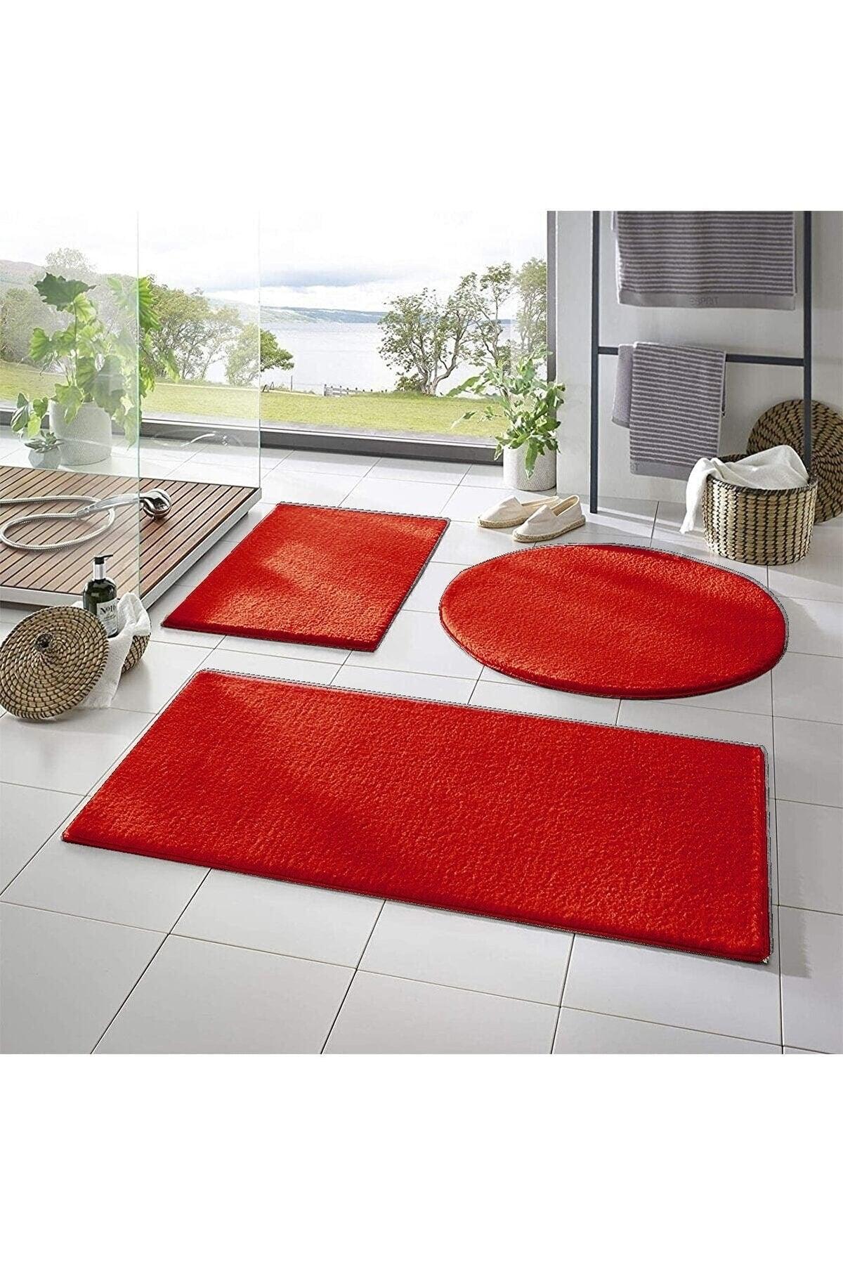 Sarar Post 3 Pcs Bathroom Carpet (60x100, 40x60, 60x60 Round) Plush Post Carpet Closet Set Red - Swordslife