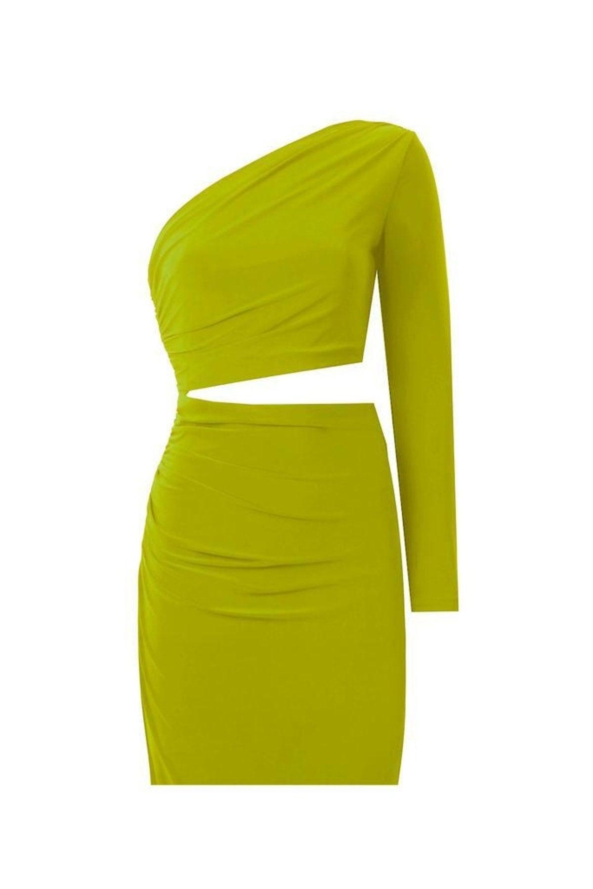 Oil Green One Sleeve Side Draped Belly Window Mini Evening Dress - Swordslife